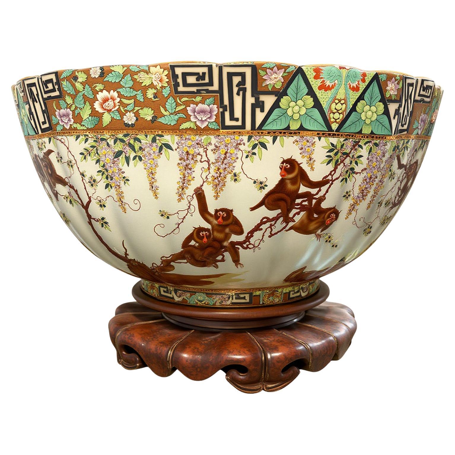 Chinese Export Style Famille Rose  Pottery Bowl W/ Playing Monkeys For Sale