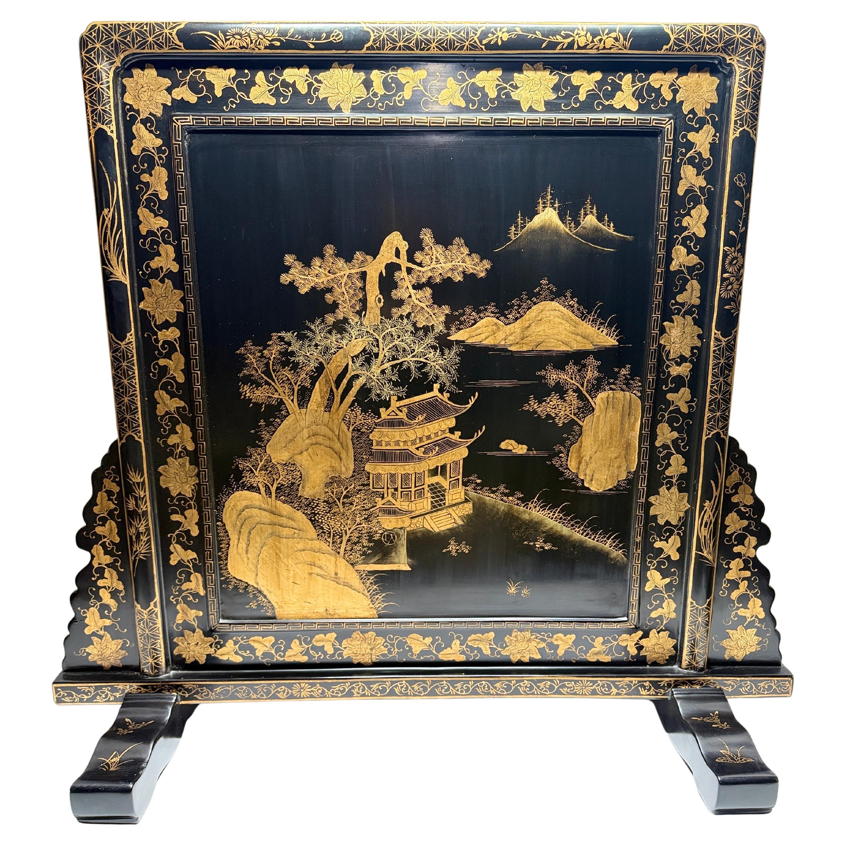 Chinese Export Style Gilt & Black Lacquer Decorated Table or Fire Screen