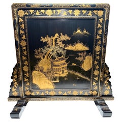 Chinese Export Style Gilt & Black Lacquer Decorated Table or Fire Screen