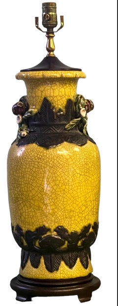 Chinese Export Style Jar / Vase Form Crackle Glaze Table Lamps W/ Fruit - Pair