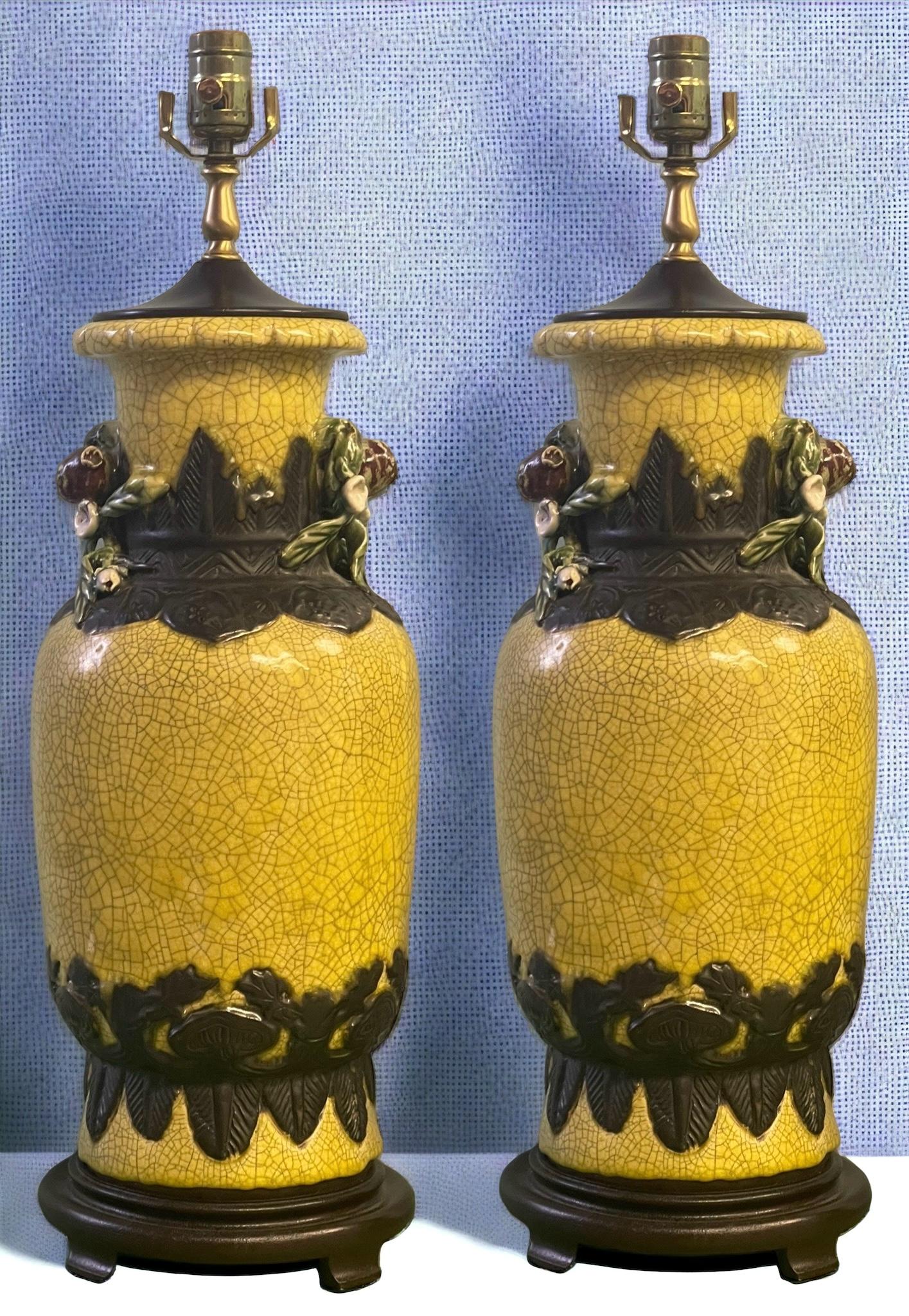 20th Century Chinese Export Style Jar / Vase Form Crackle Glaze Table Lamps W/ Fruit - Pair For Sale