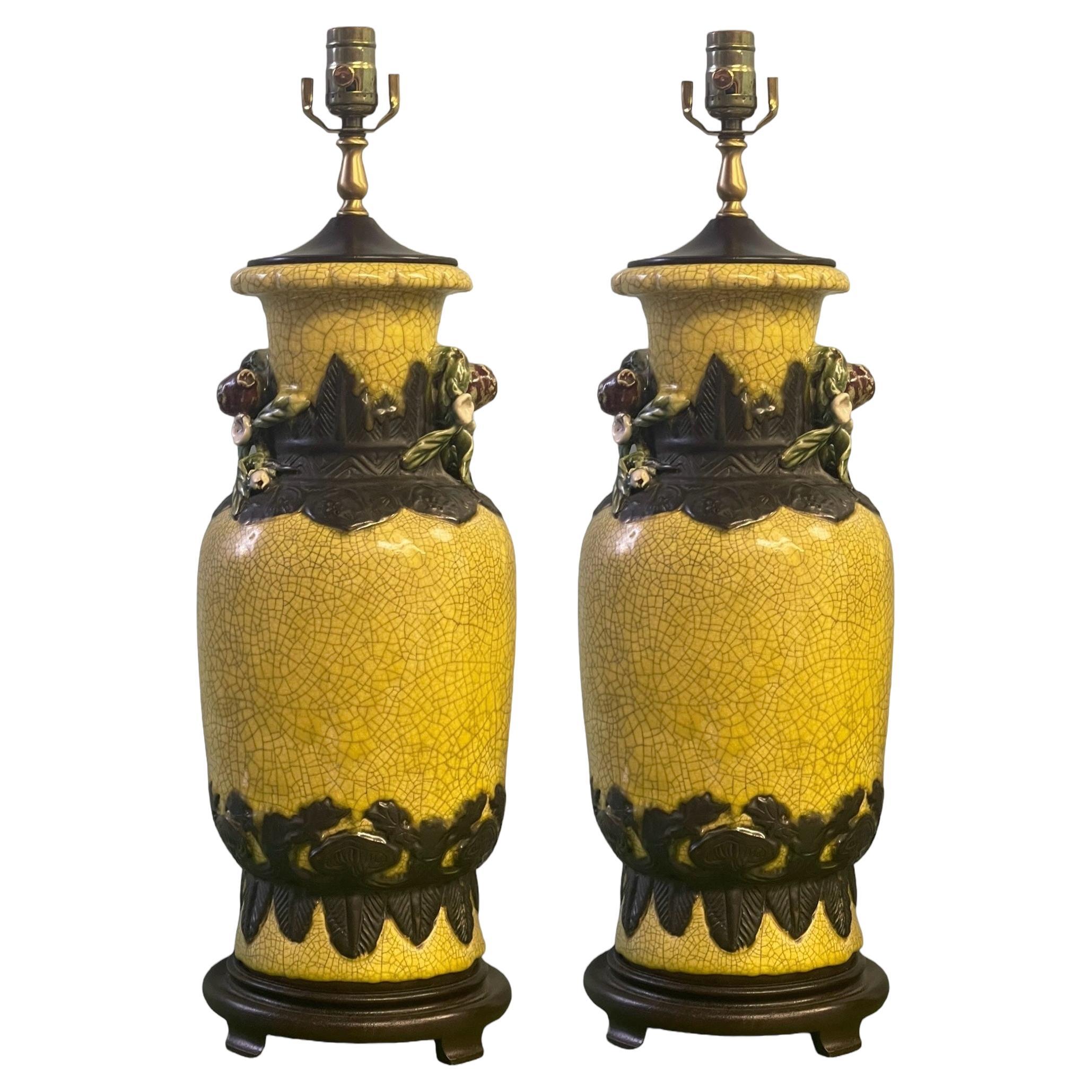 Chinese Export Style Jar / Vase Form Crackle Glaze Table Lamps W/ Fruit - Pair For Sale
