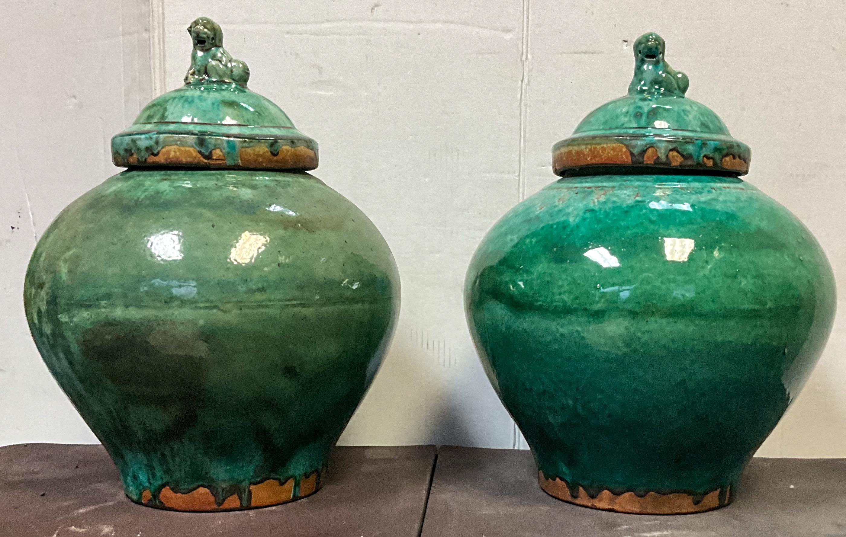 Chinese Export Style Large Scale Green Teracotta Pottery Jars With Foo Dogs - 2 In Good Condition For Sale In Kennesaw, GA