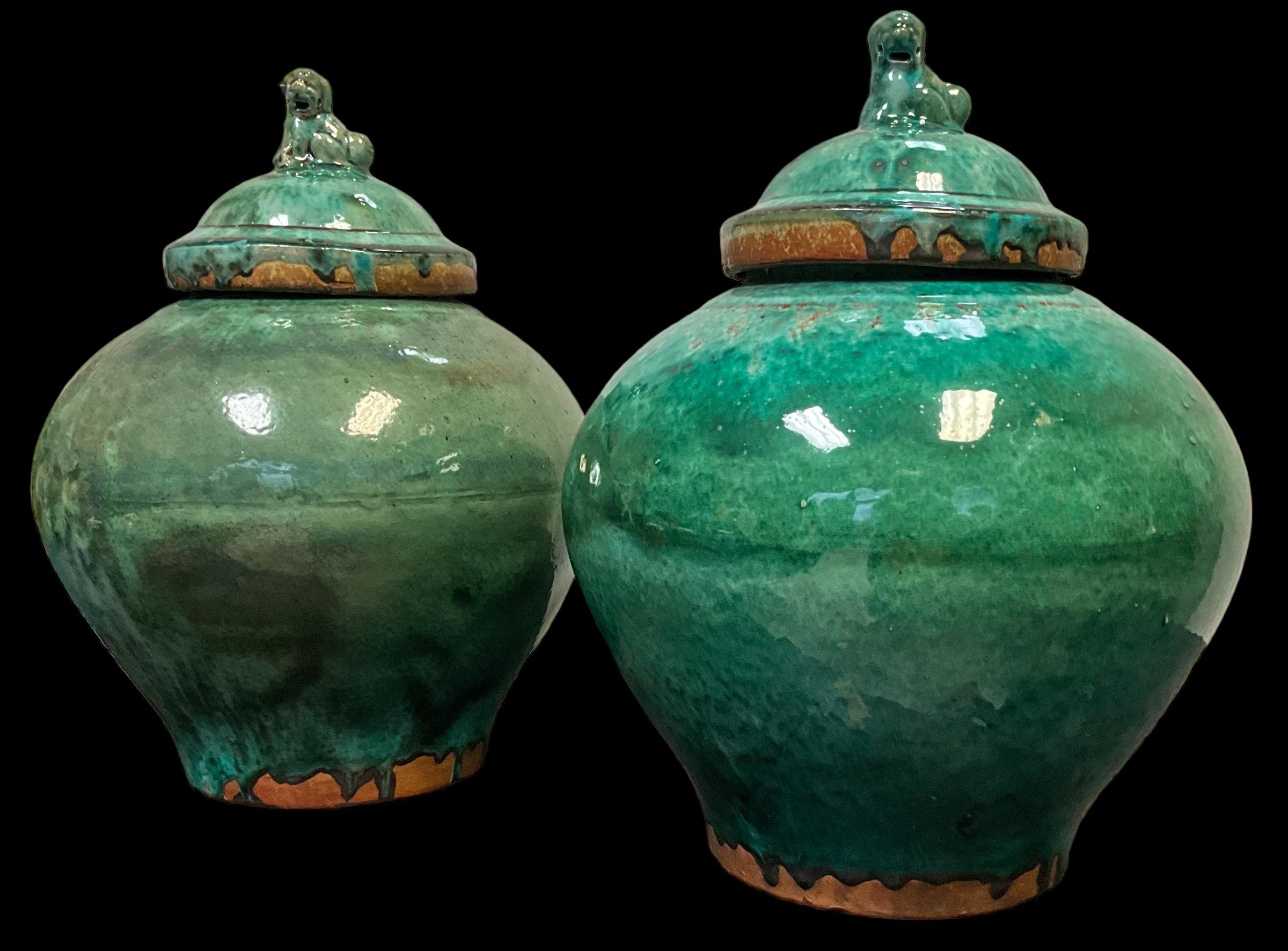 Chinese Export Style Large Scale Green Teracotta Pottery Jars With Foo Dogs - 2 For Sale 3