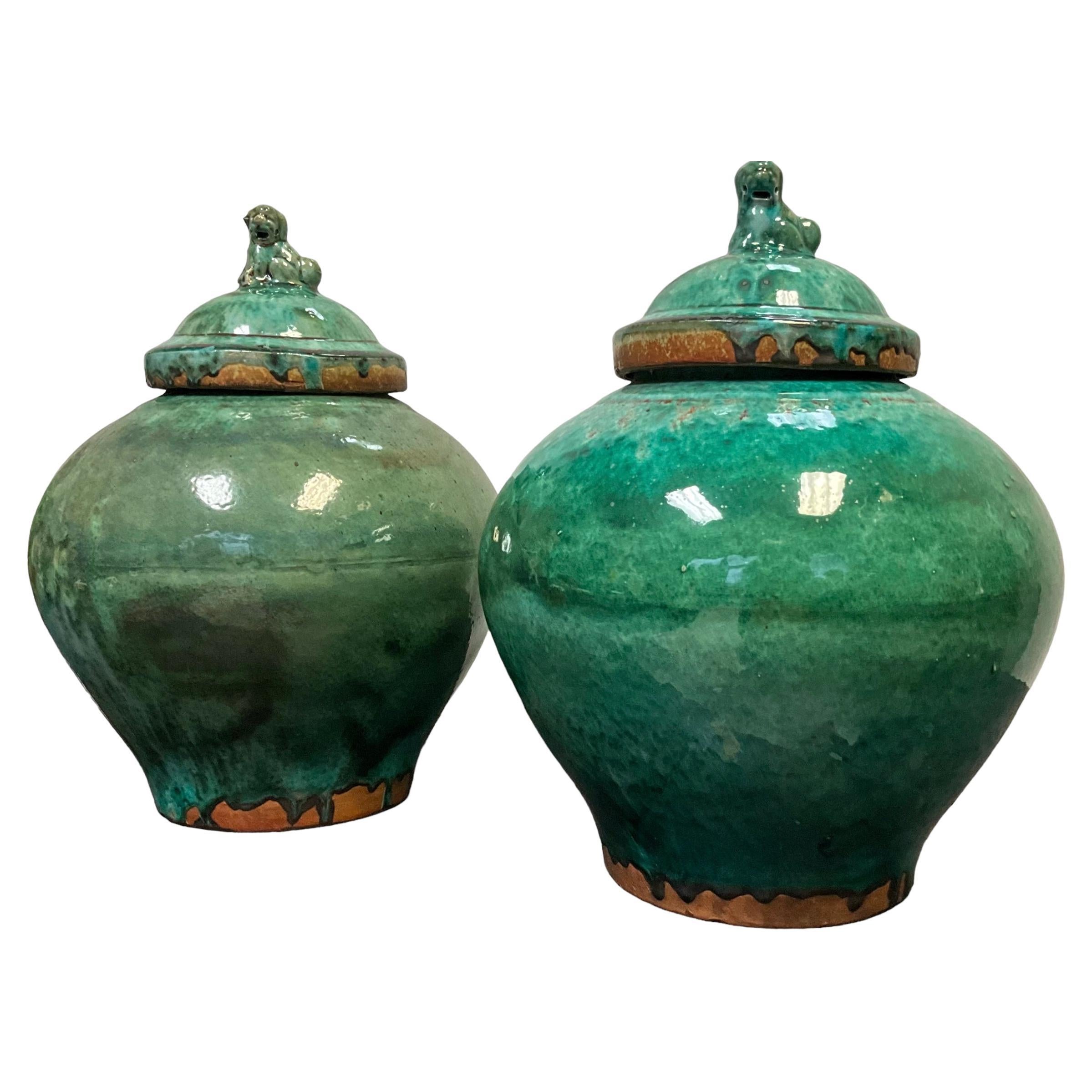 Chinese Export Style Large Scale Green Teracotta Pottery Jars With Foo Dogs - 2 For Sale