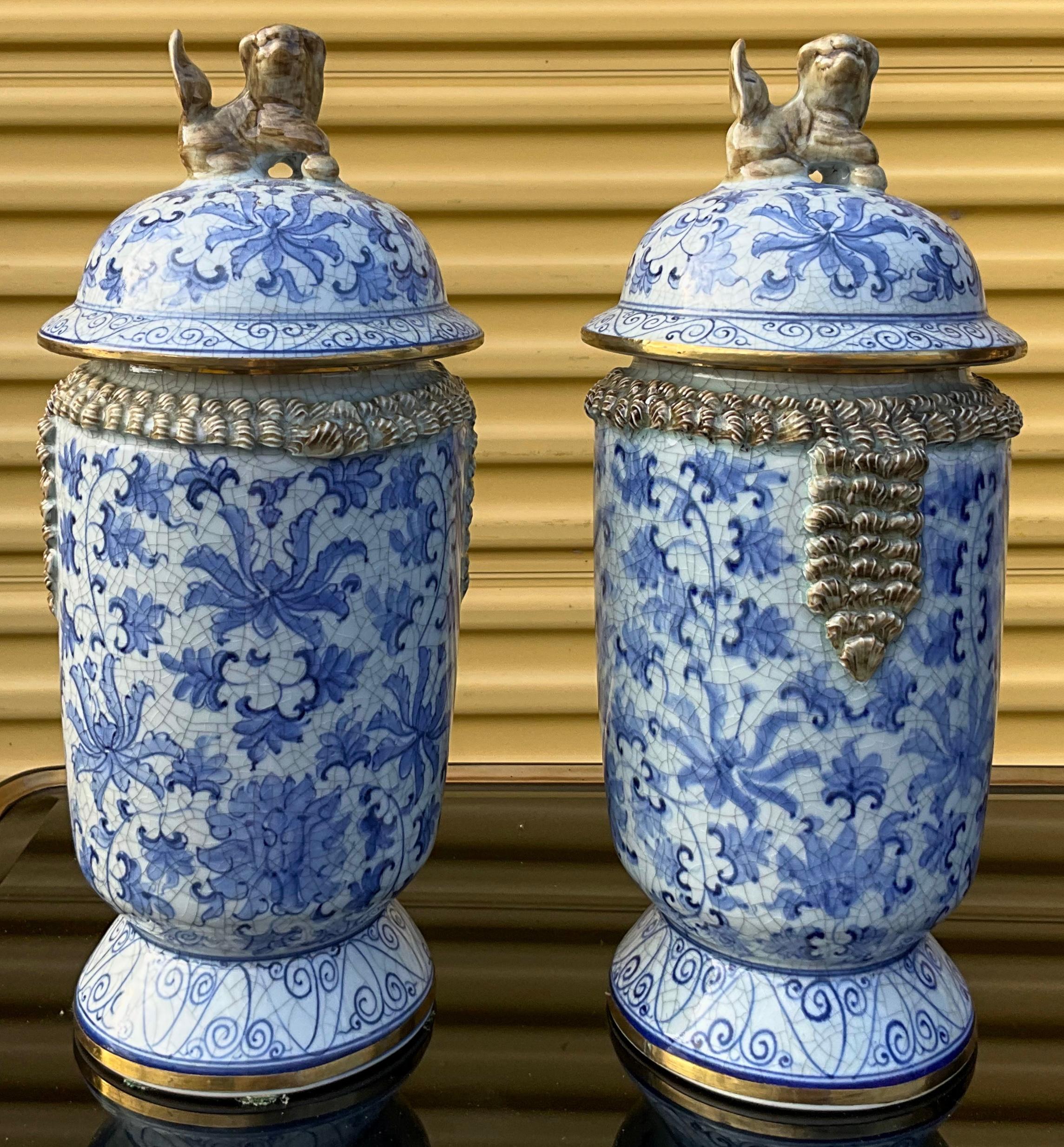 Ceramic Chinese Export Style Maitland-Smith Blue & White Ginger Jars W/ Foo Dogs - Pair