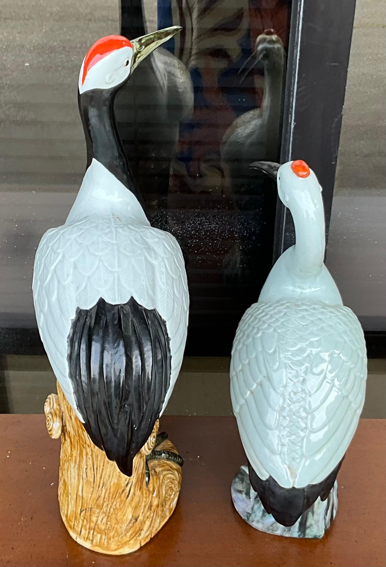 Chinois Figurines en poterie d'exportation chinoise représentant des grues de plage et des oiseaux - S/2 en vente