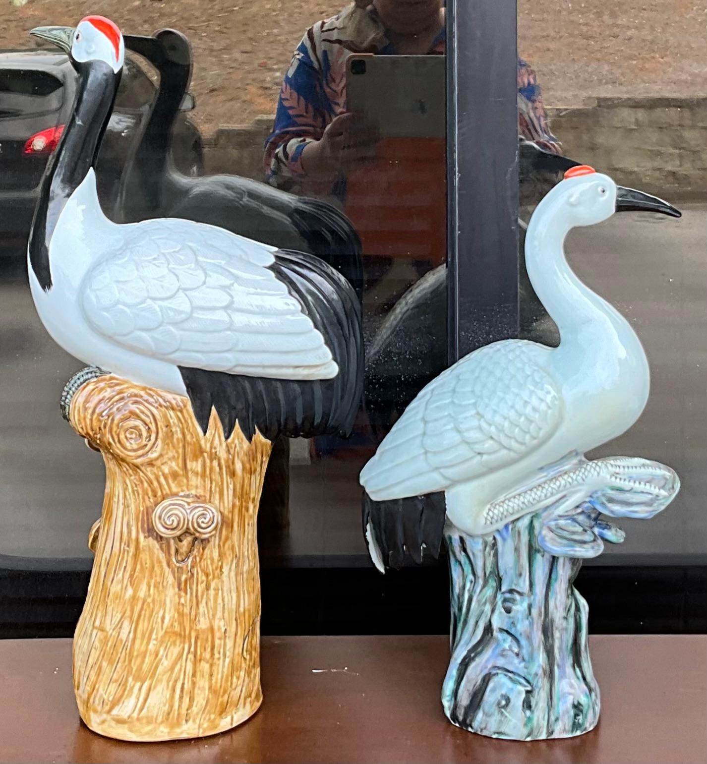 Chinese Export Style Pottery Coastal Beach Cranes / Birds Figurines, S/2 In Good Condition In Kennesaw, GA