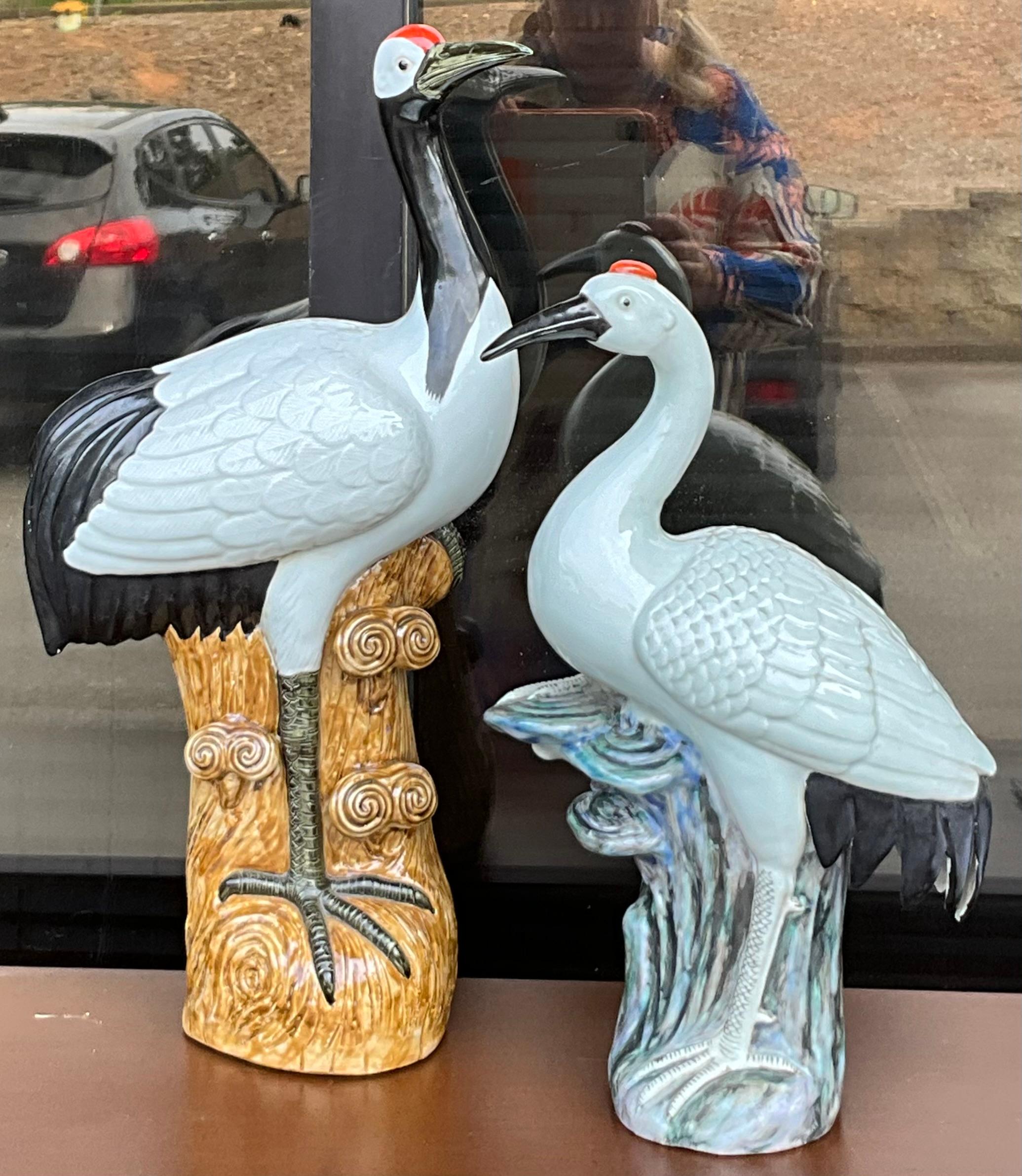 Chinese Export Style Pottery Coastal Beach Cranes / Birds Figurines, S/2 For Sale 2