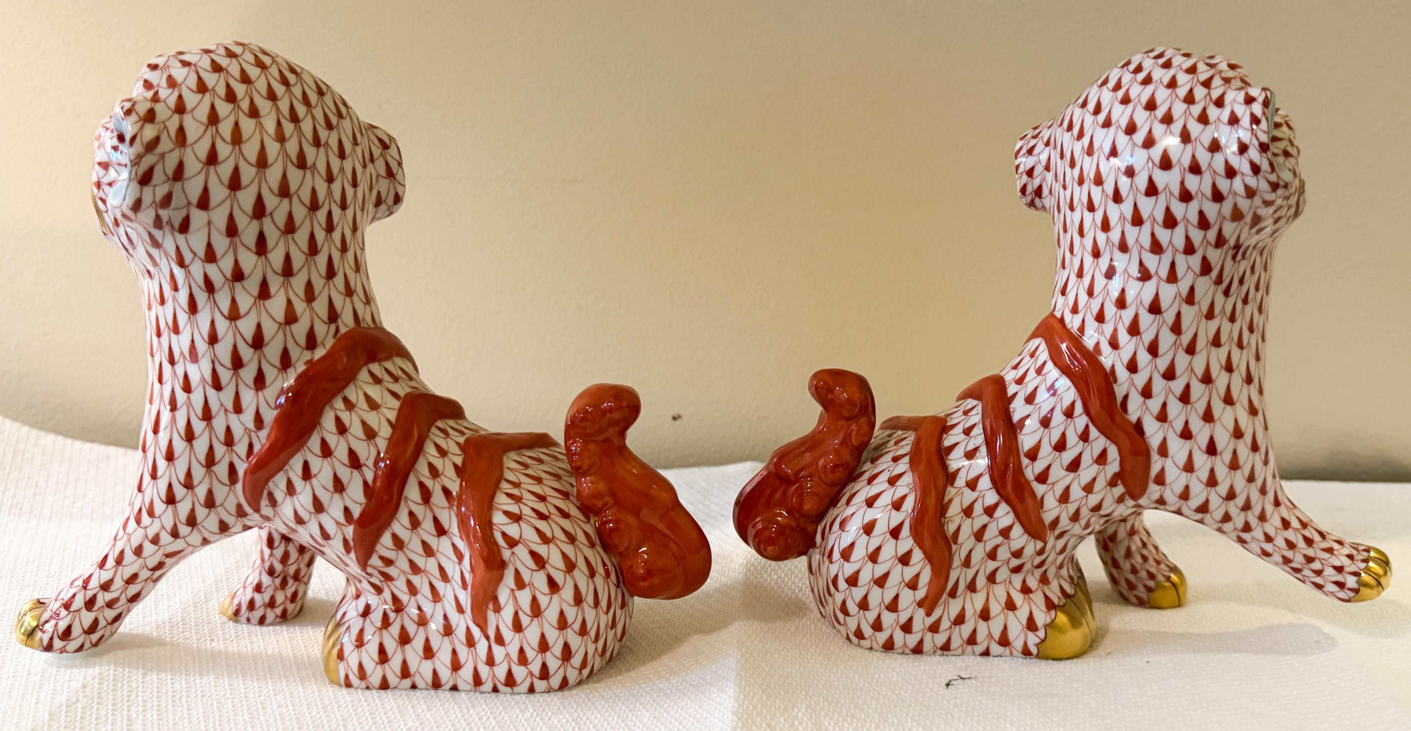 Contemporary Chinese Export Style Rust Fishnet Porcelain Herend Foo Dogs -Pair For Sale