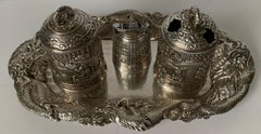 Chinese Export Style Silver 3 Piece Smoking Set and Tray