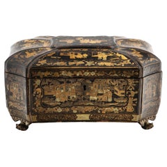 Antique Chinese Export Tea Caddy, Lacquered Wood with Gilded Decorations