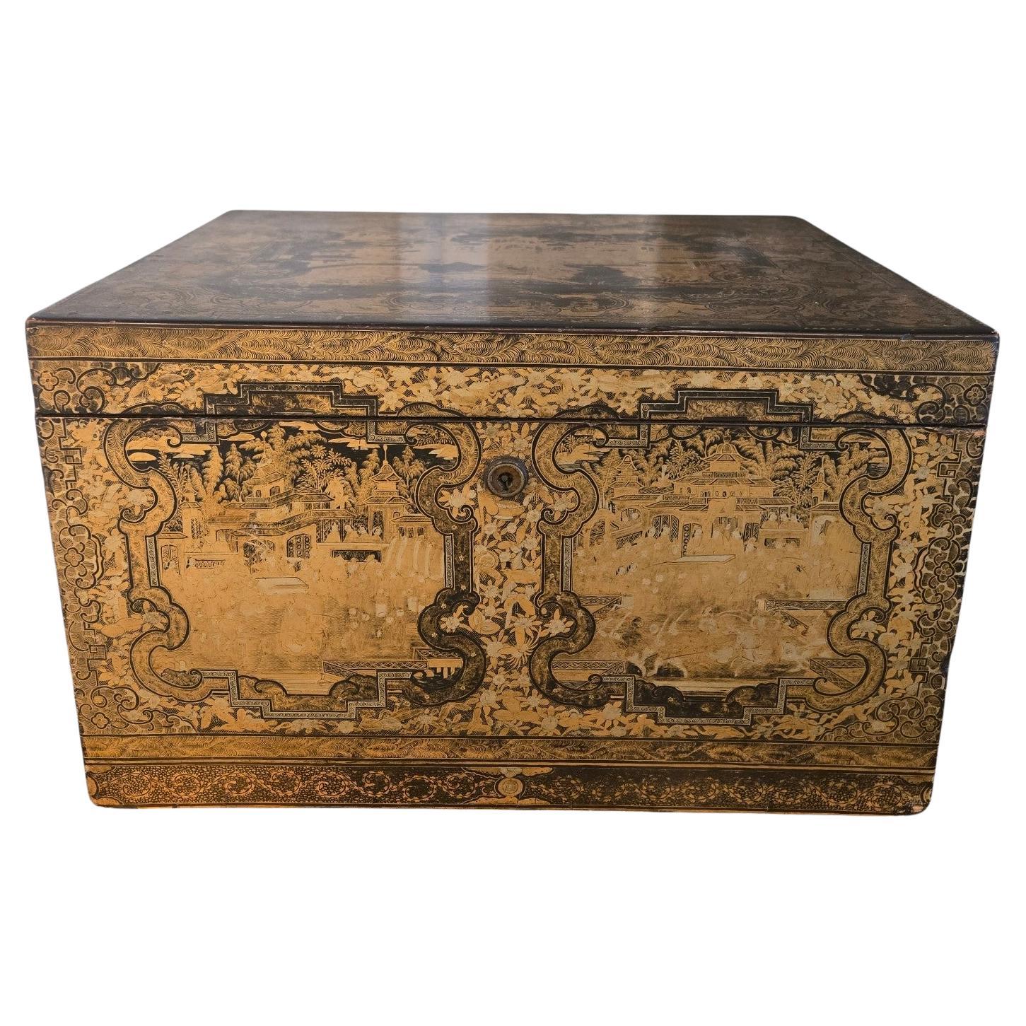 Chinese export tea chest with etched pewter insert