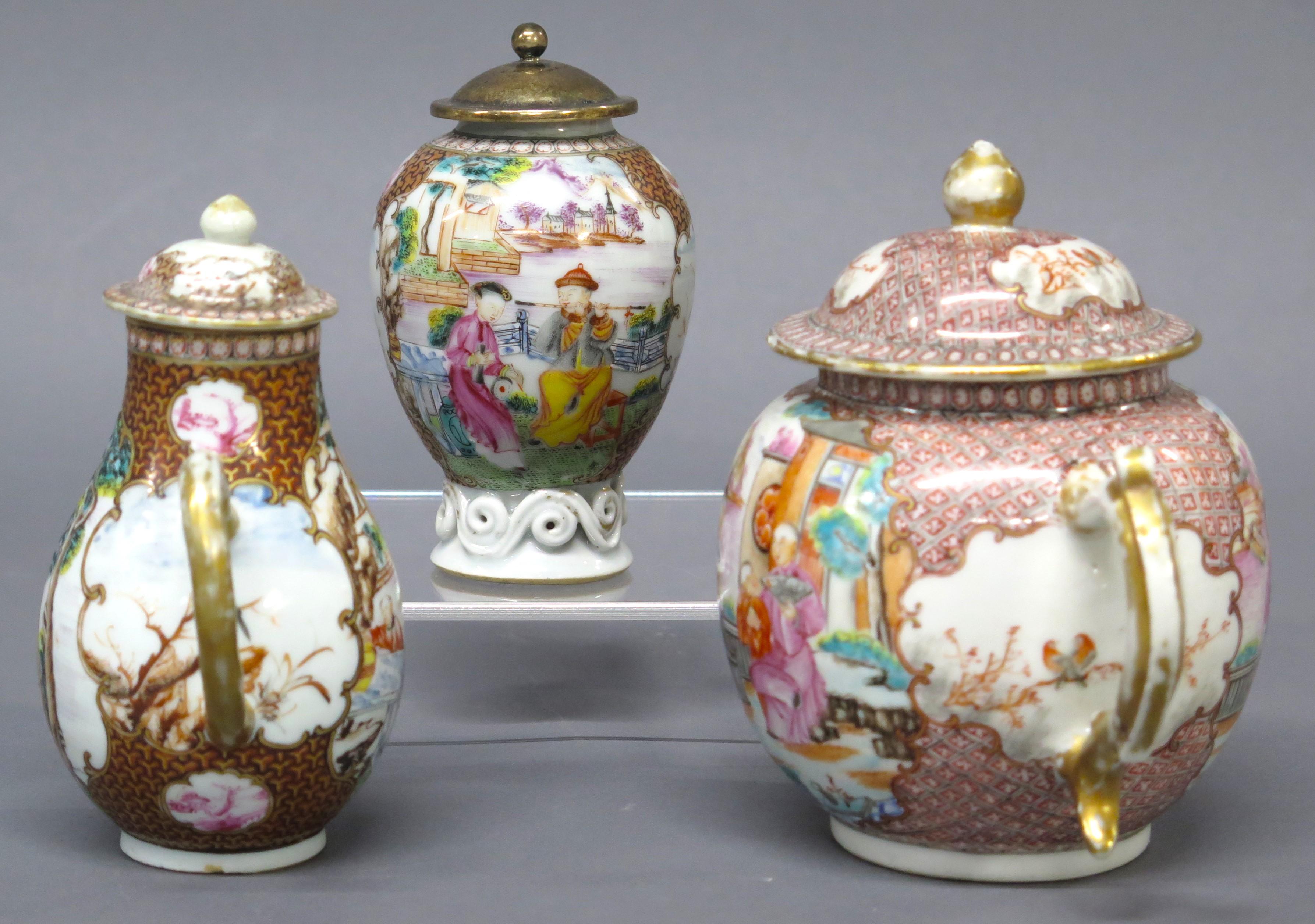 Chinese expChinese export tea set, Rockefeller pattern, covered tea pot, lidded creamer and lidded sugar urn, purchased at Sotherby's auction by previous owner.  China. 18th Century.

                                 ( sterling silver lid on the