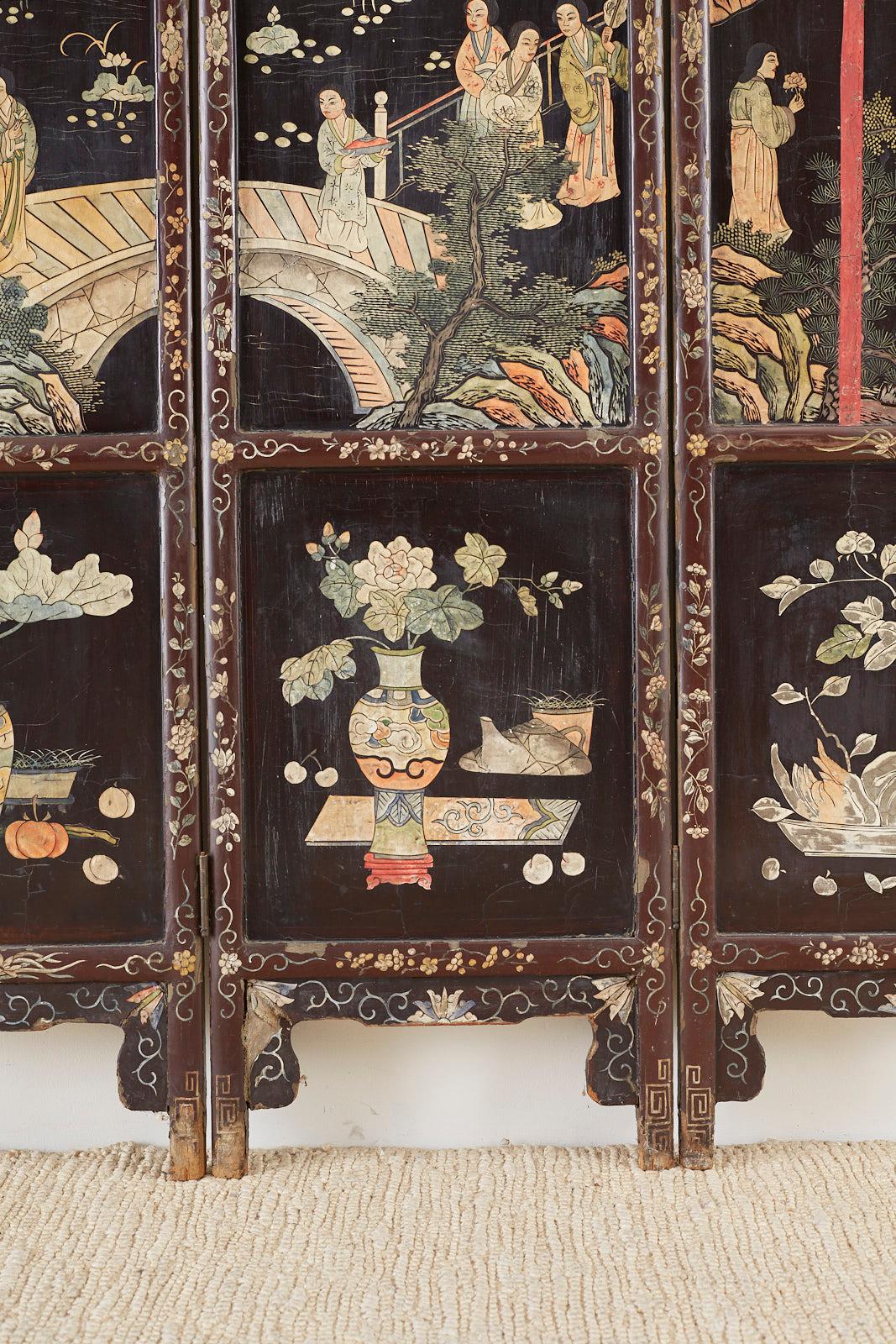 Brass Chinese Export Three-Panel Lacquered Coromandel Screen