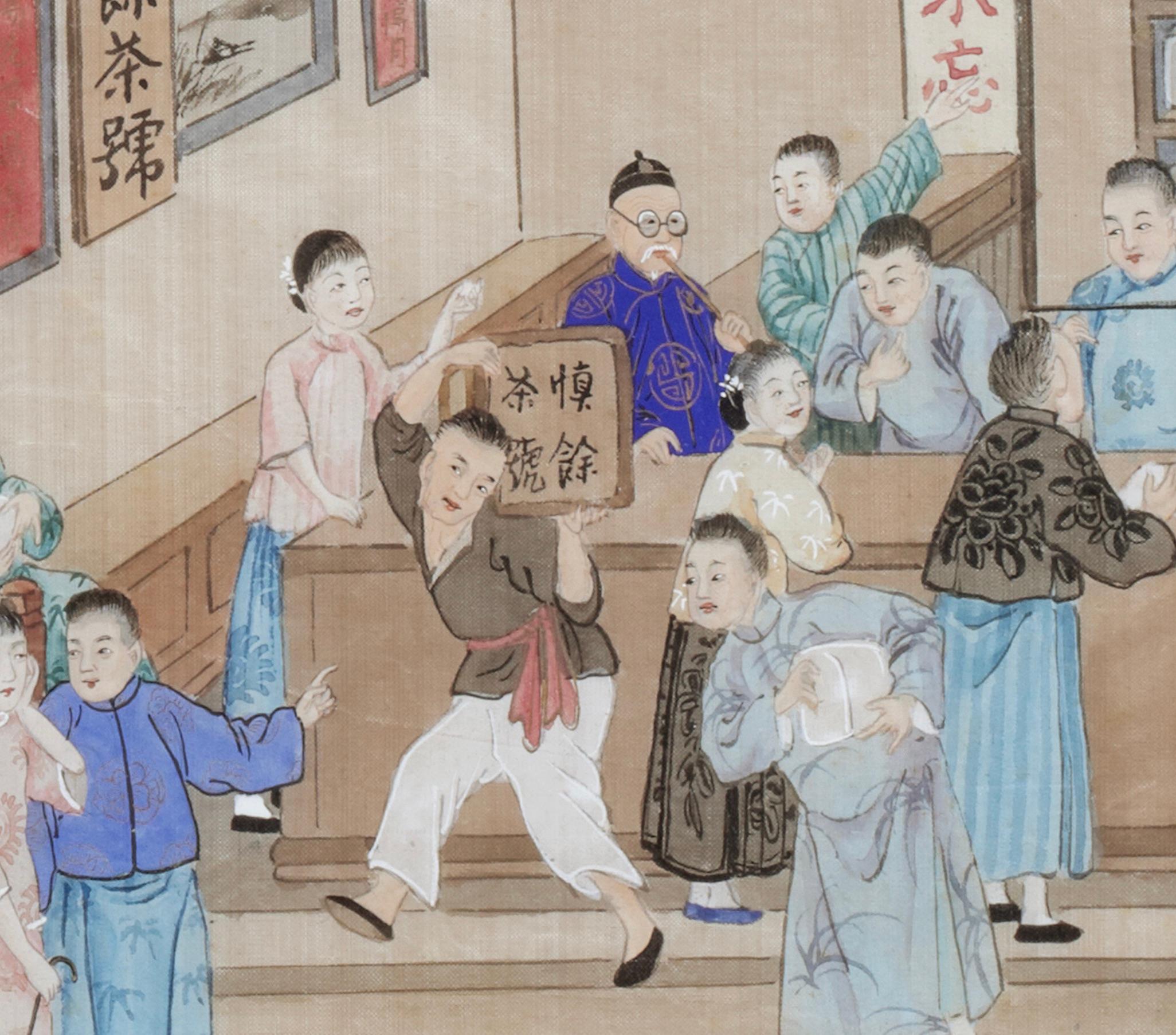 Hand-Painted Chinese Export Trade Painting Depicting ‘the Tea Shop', Chinoiserie Chique For Sale