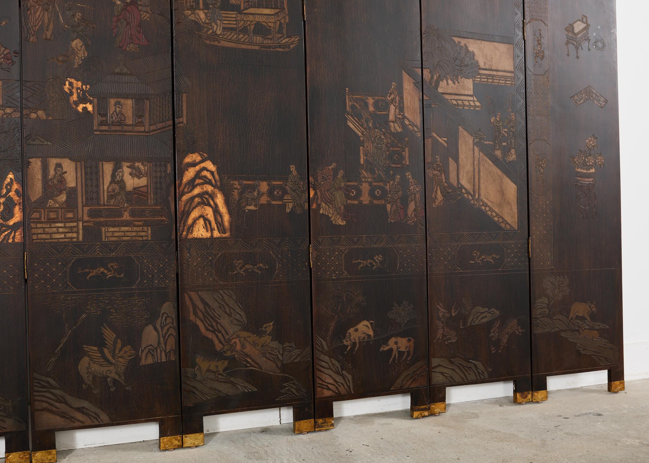 Chinese Export Twelve Panel Coromandel Screen Han Palace 4