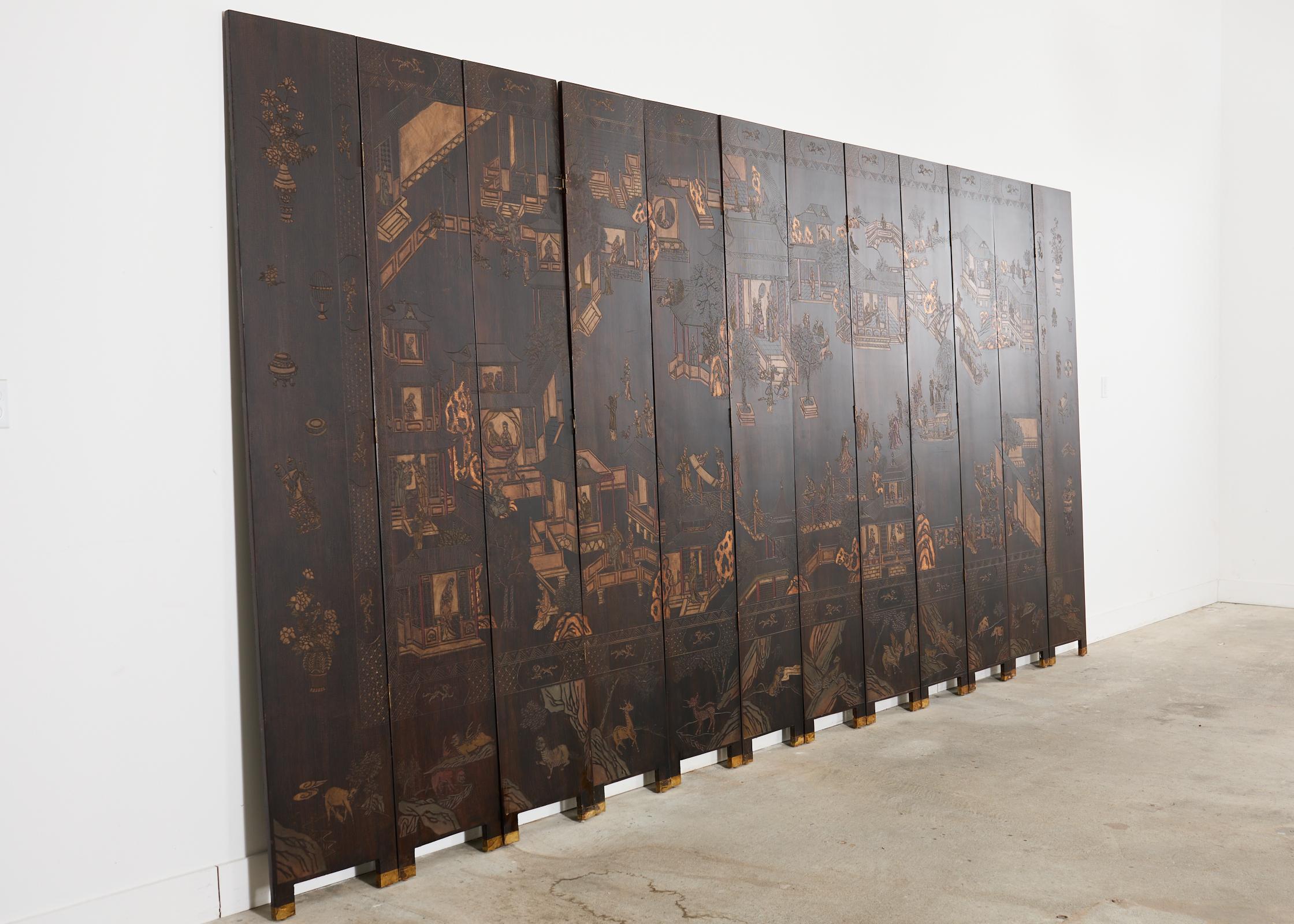 Chinese Export Twelve Panel Coromandel Screen Han Palace 5