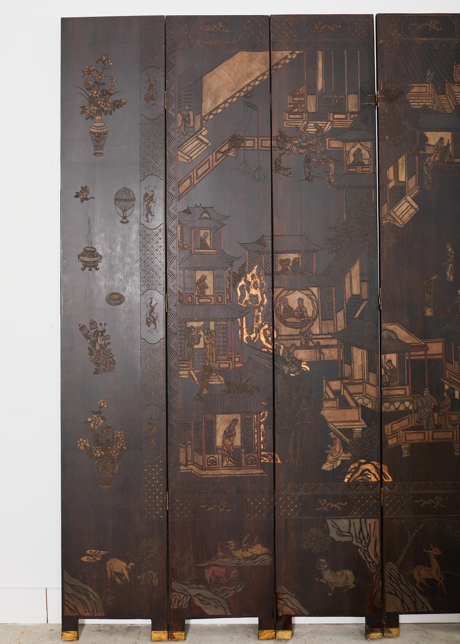 Hand-Crafted Chinese Export Twelve Panel Coromandel Screen Han Palace