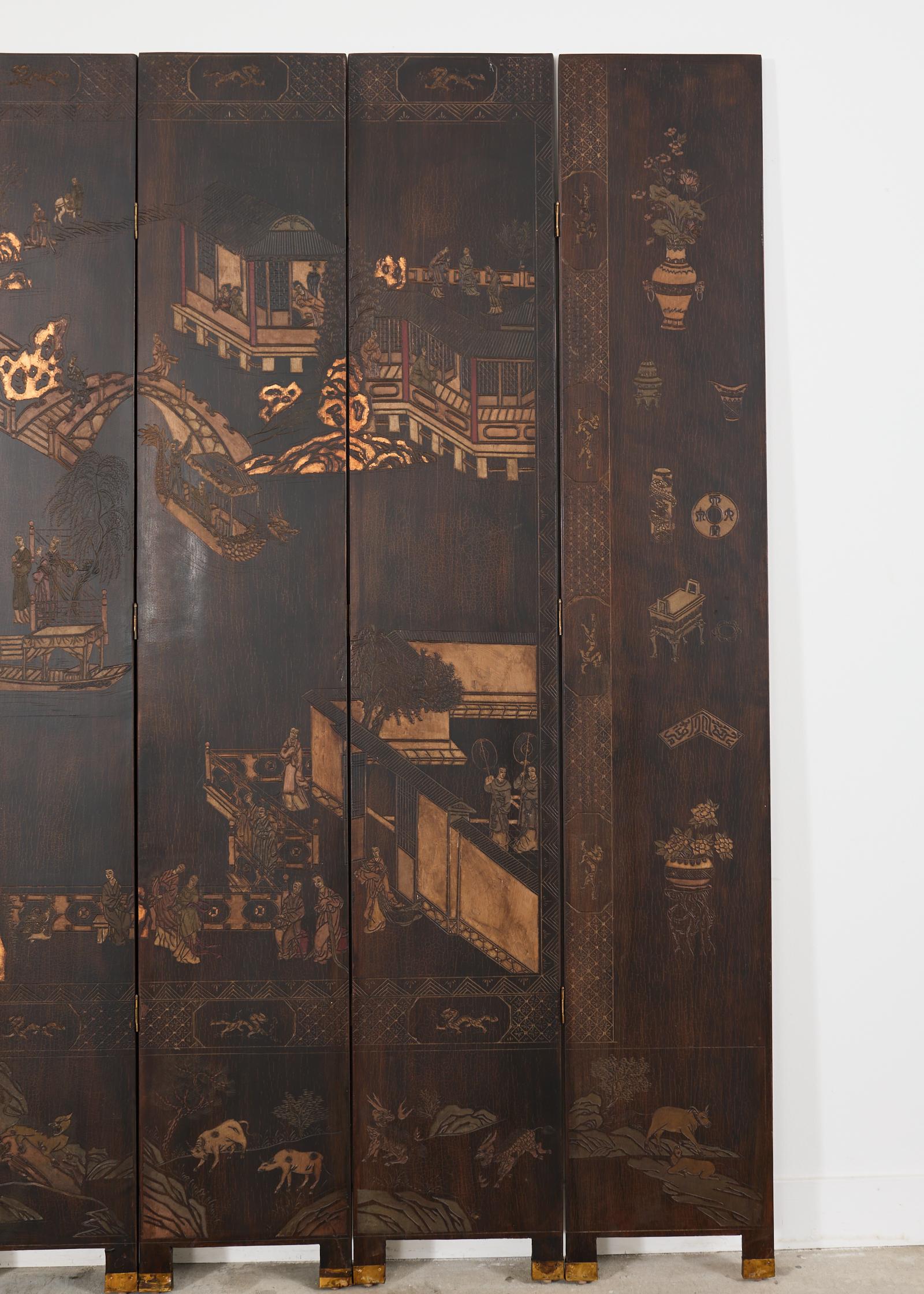 Chinese Export Twelve Panel Coromandel Screen Han Palace 1