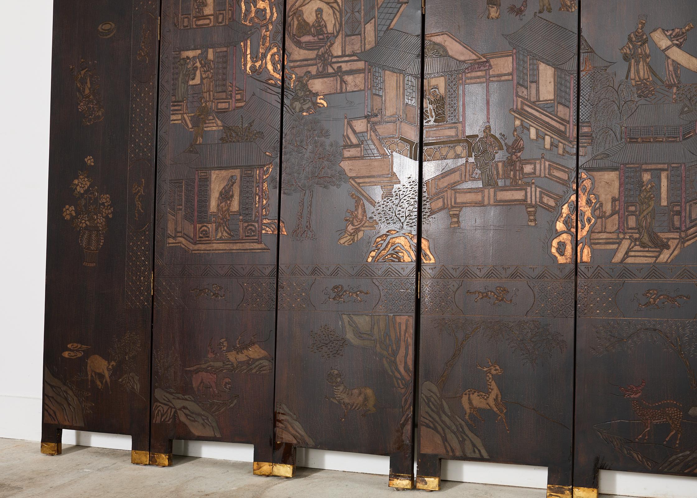 Chinese Export Twelve Panel Coromandel Screen Han Palace 2