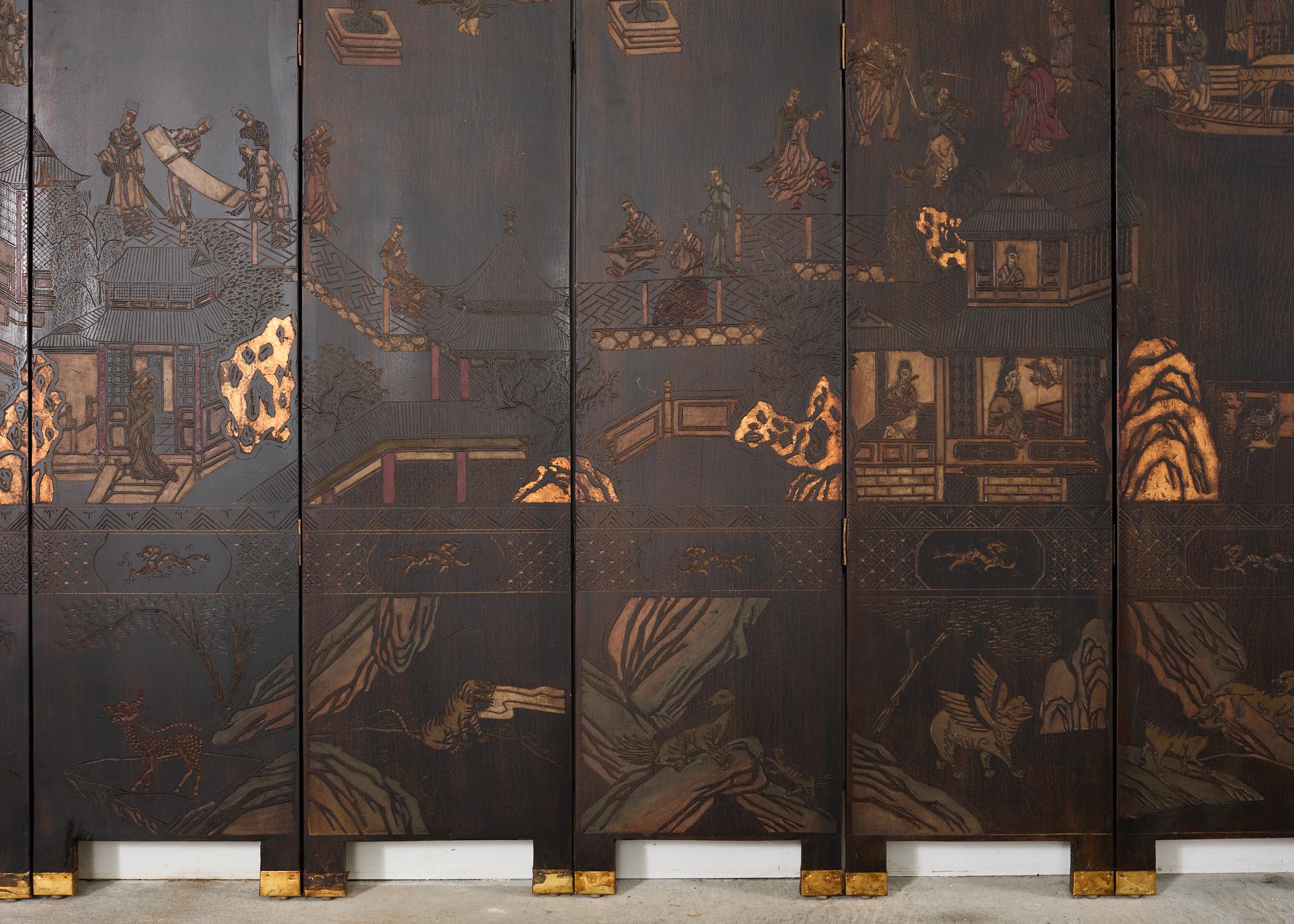 Chinese Export Twelve Panel Coromandel Screen Han Palace 3