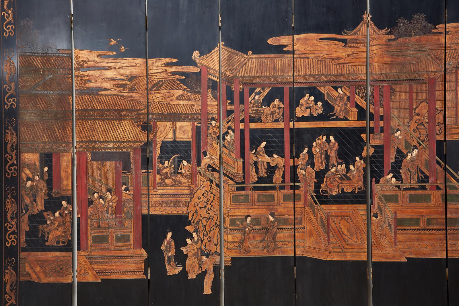 Brass Chinese Export Twelve-Panel Lacquered Coromandel Screen For Sale