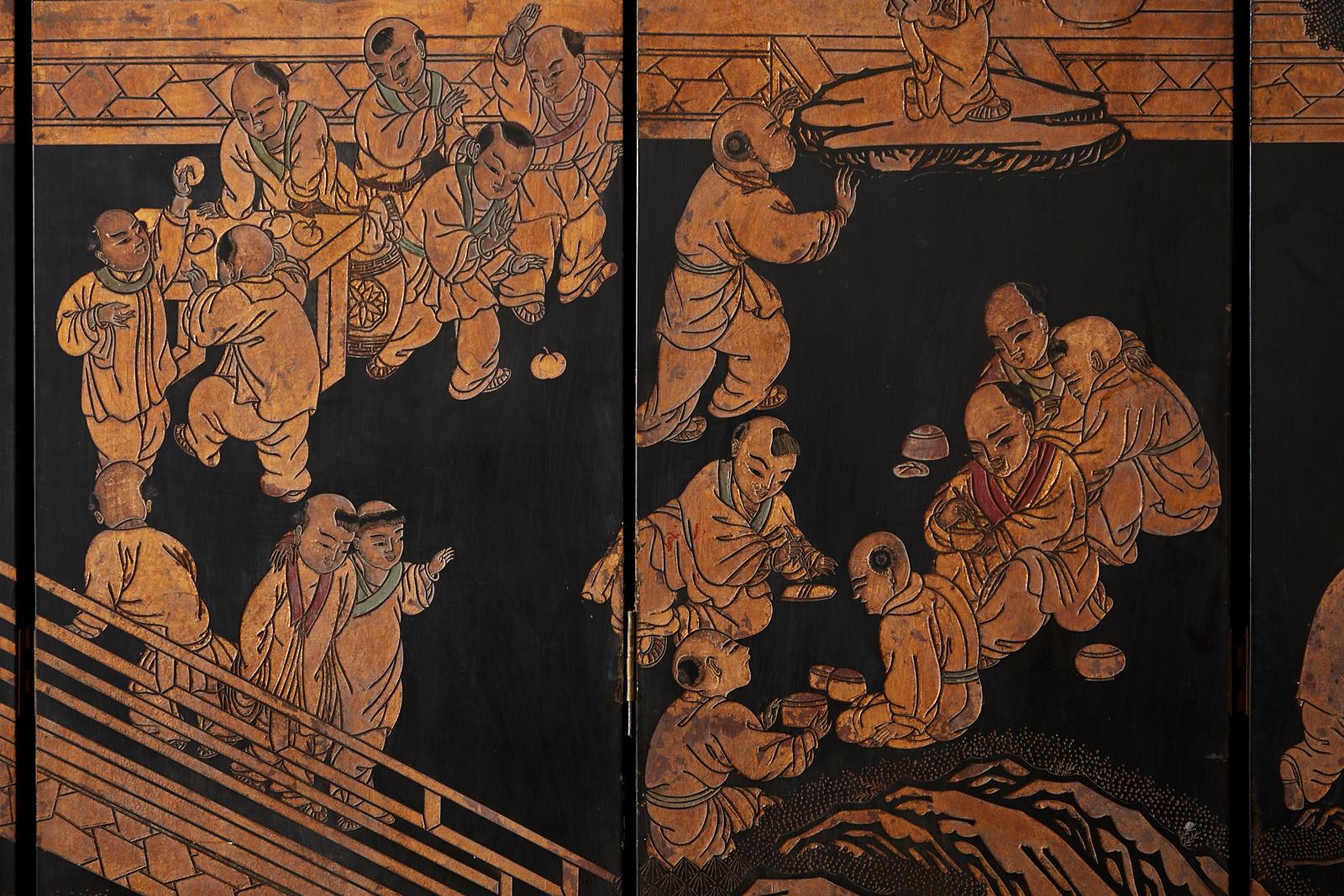 Chinese Export Twelve-Panel Lacquered Parcel-Gilt Coromandel Screen 9