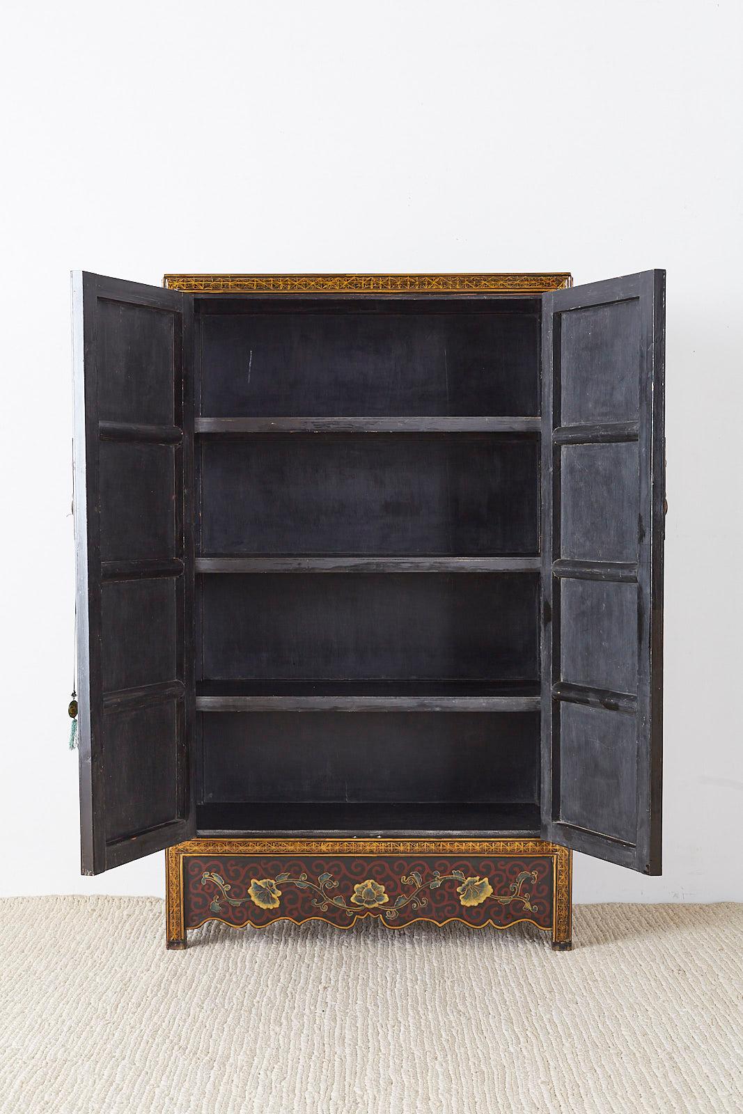 Brass Chinese Export Two-Door Lacquered Wedding Style Cabinet