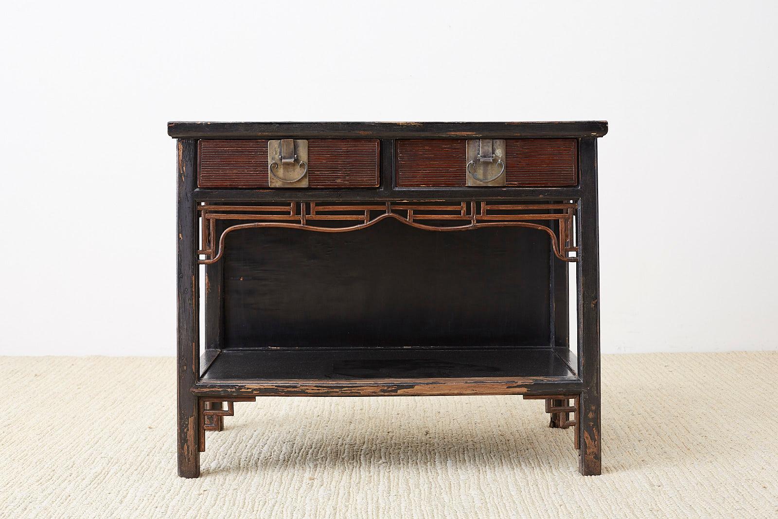 Hand-Crafted Chinese Export Two-Drawer Lacquered Console Table