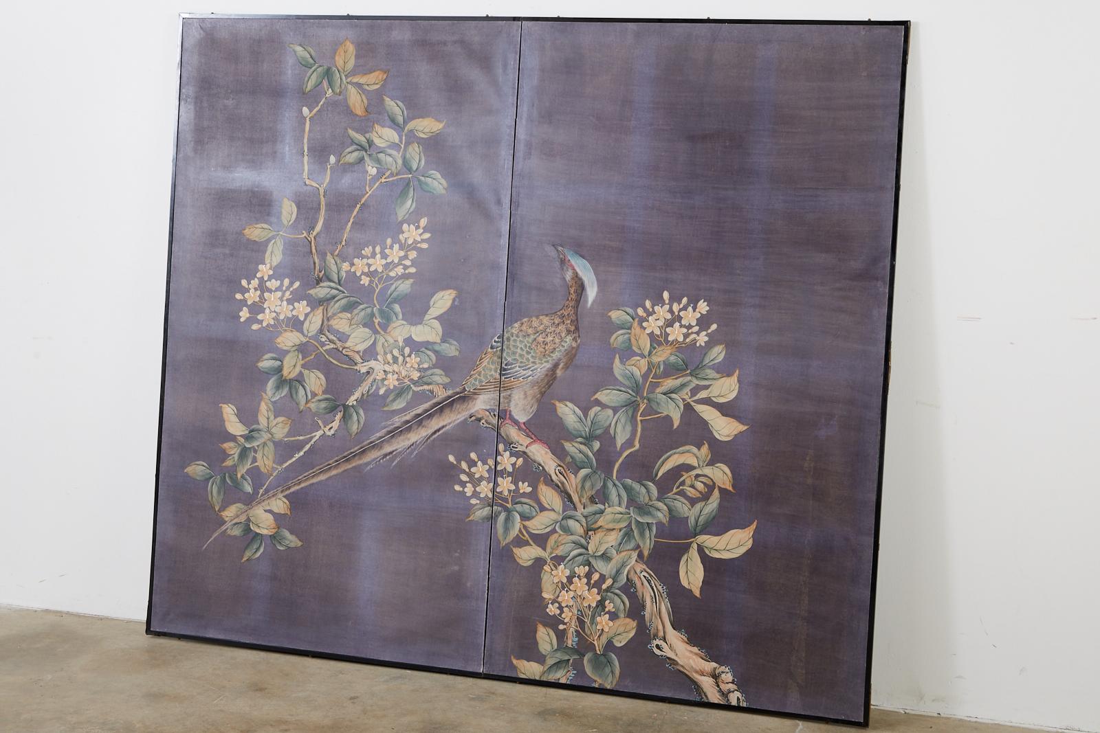 Chinese Export Two-Panel Hand Painted Wallpaper Screen 11