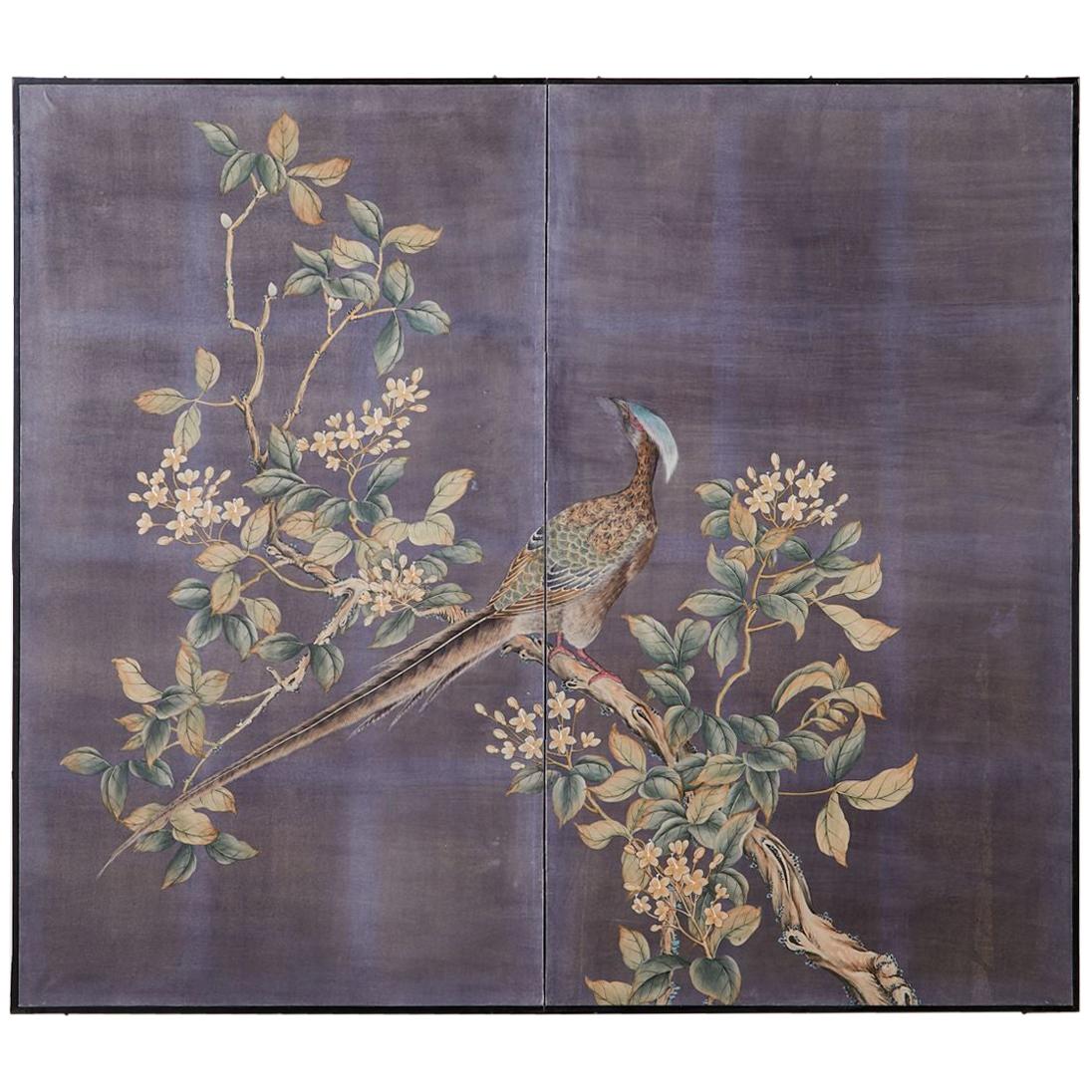 Chinese Export Two-Panel Hand Painted Wallpaper Screen