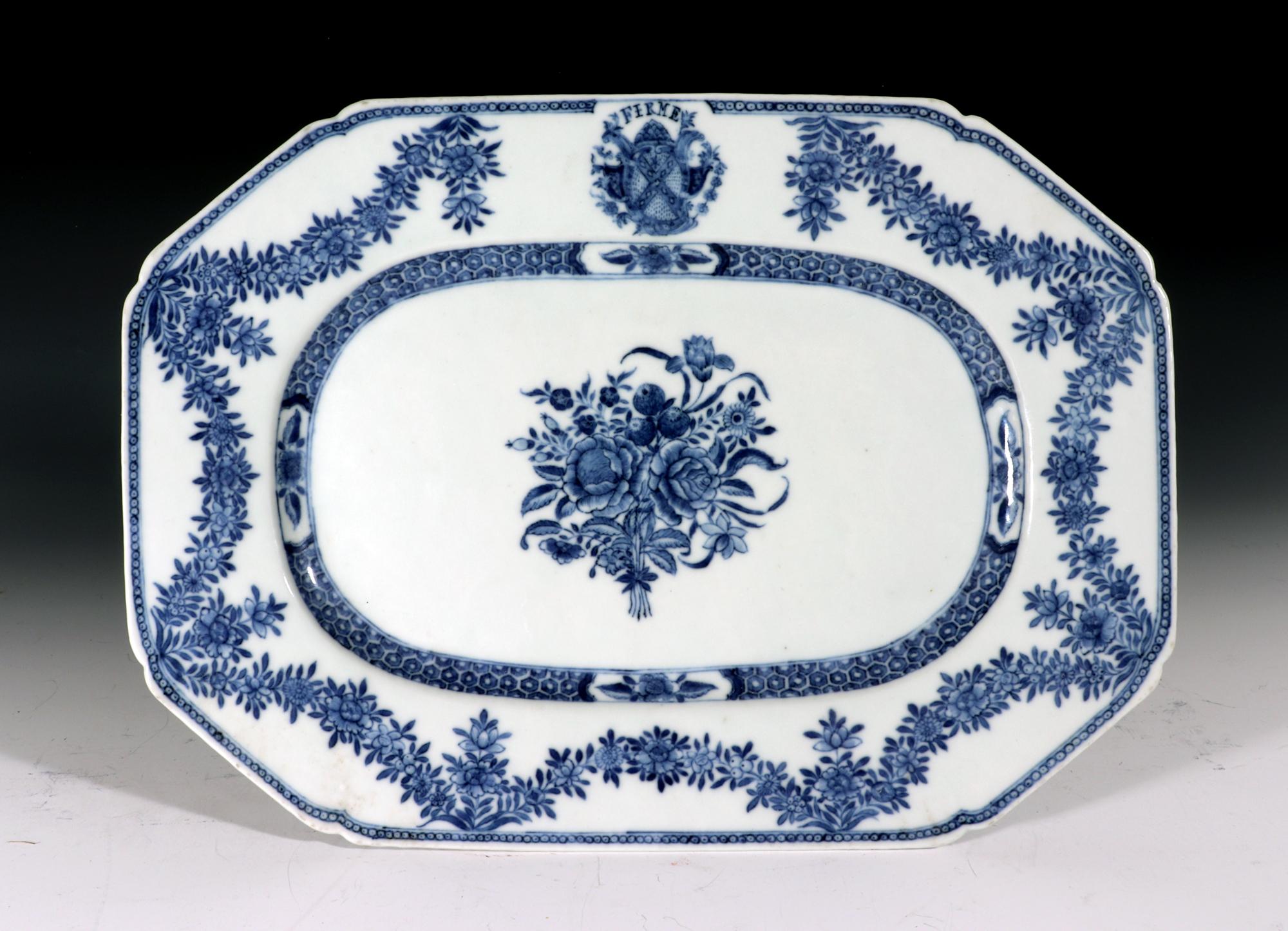Chinese Export Underglaze blue armorial porcelain dish
Arms of Dalrymple of Hailes,
Motto- FIRME,
circa 1775.

The Chinese export armorial underglaze blue and white dish of rectangular form with canted corners with a flower bouquet bound