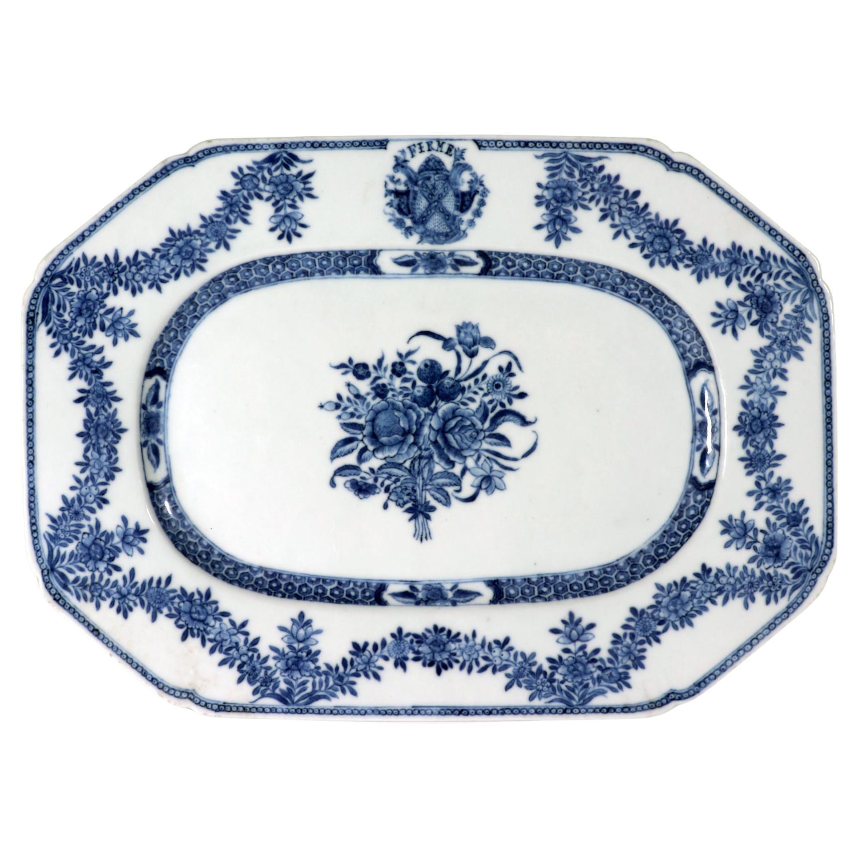 Chinese Export Underglaze Blue Armorial Porcelain Dish, Arms William Dalrymple