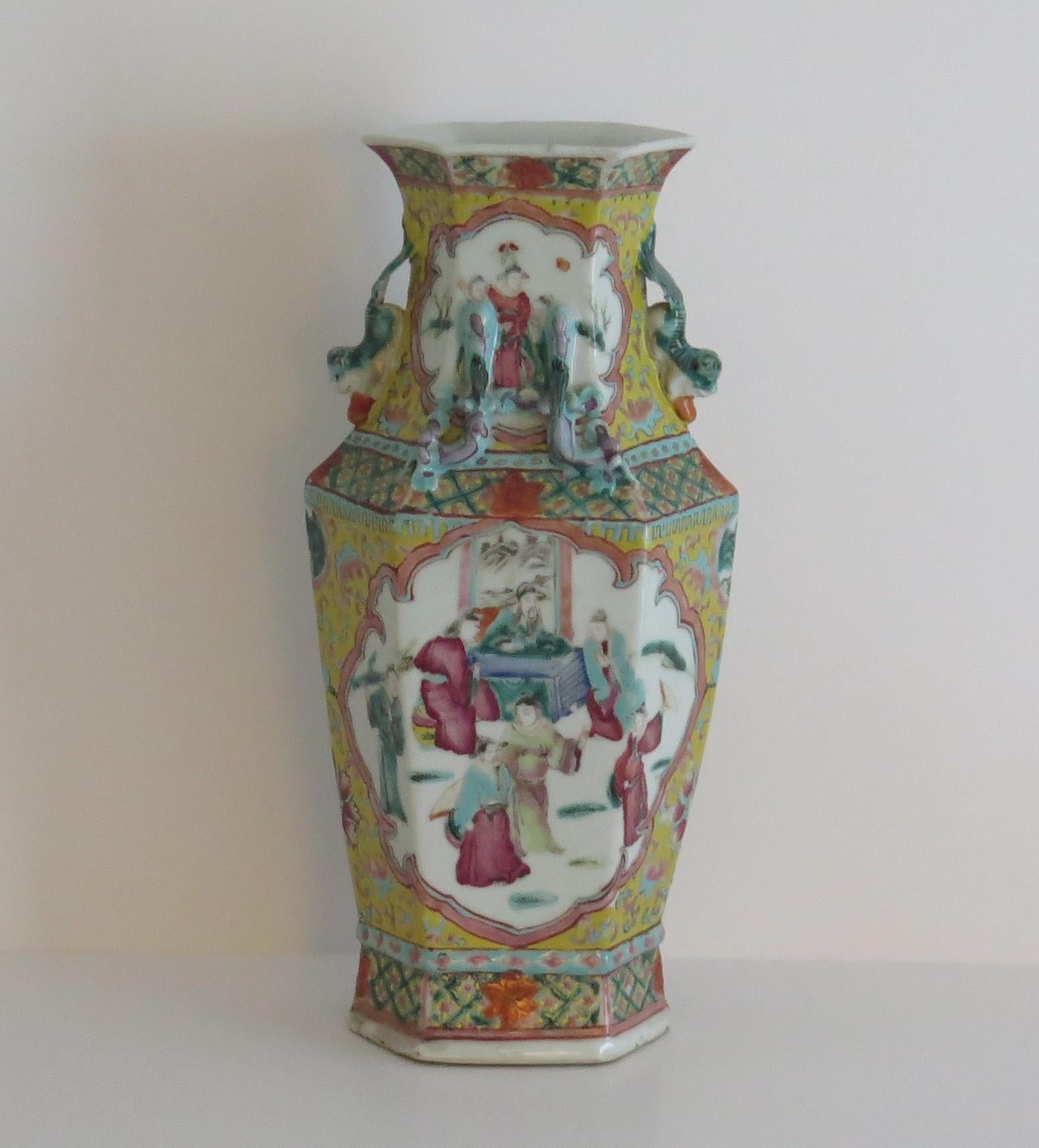 This is a good quality, highly decorative Chinese export, Famille Rose porcelain Vase, which we date to the late 19th Century to early 20th Century, 1890 to 1920, Late Qing to early Republic period.

The vase has a tapering hexagonal shape with an