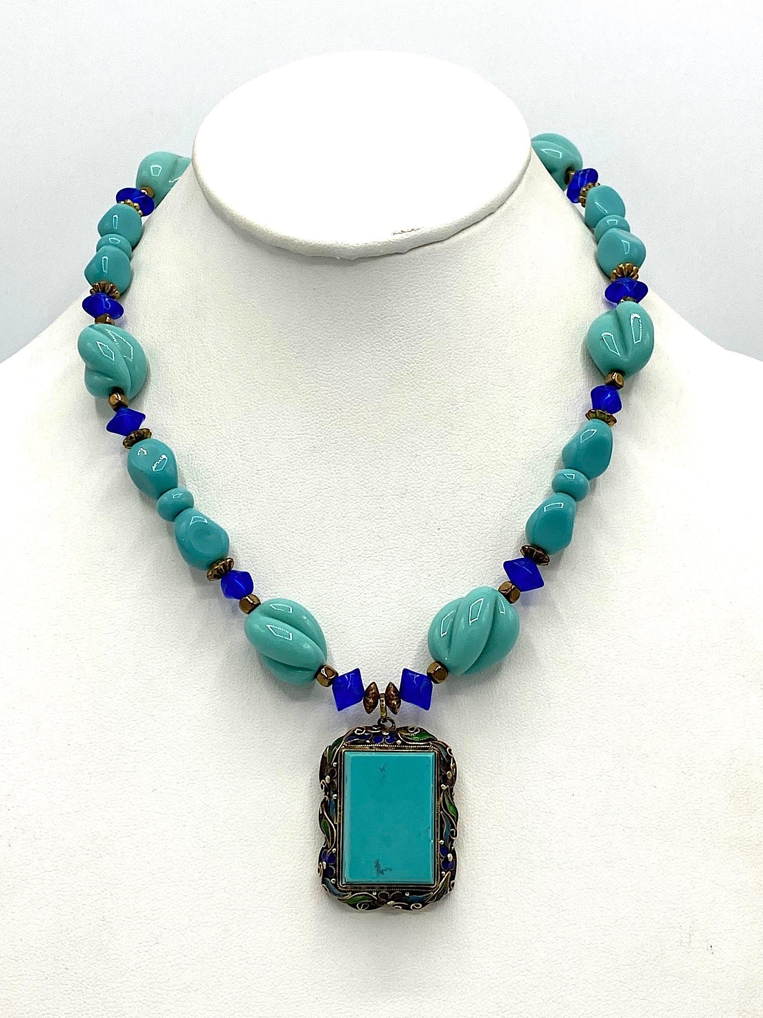 Square Cut Chinese Export Vermeil Silver, Turquoise & Glass Necklace