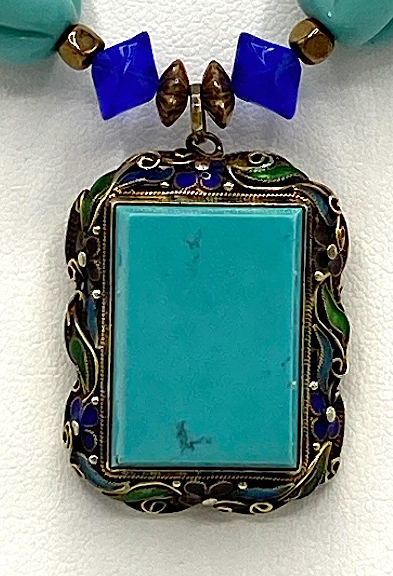 Chinese Export Vermeil Silver, Turquoise & Glass Necklace In Good Condition In New York, NY