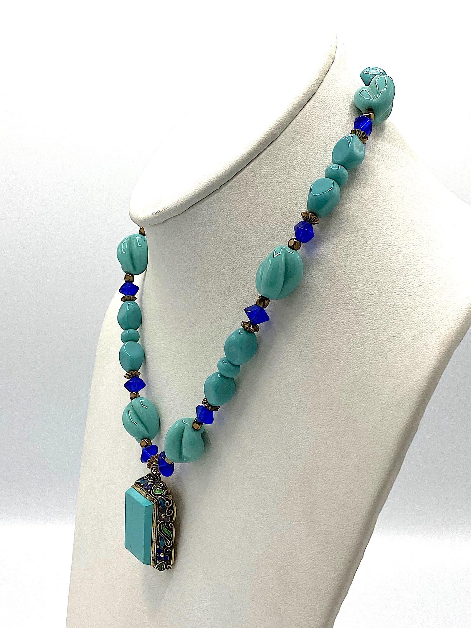 Women's Chinese Export Vermeil Silver, Turquoise & Glass Necklace
