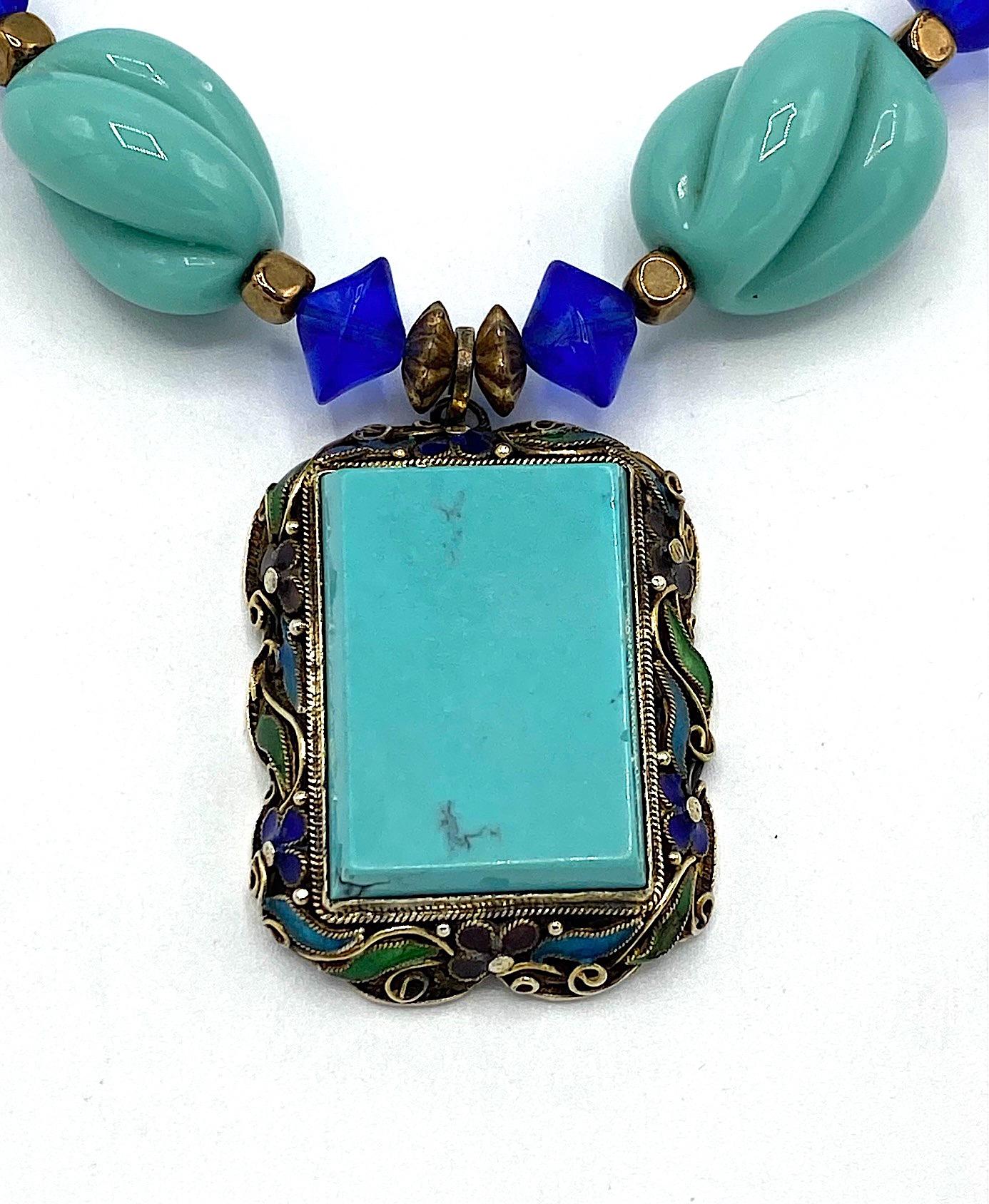 Chinese Export Vermeil Silver, Turquoise & Glass Necklace 1