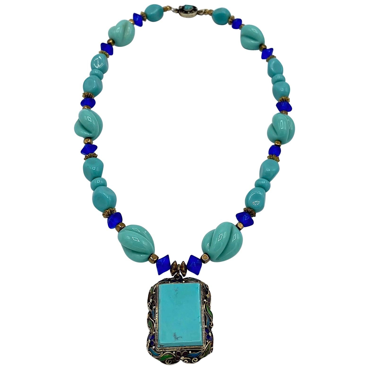 Chinese Export Vermeil Silver, Turquoise & Glass Necklace