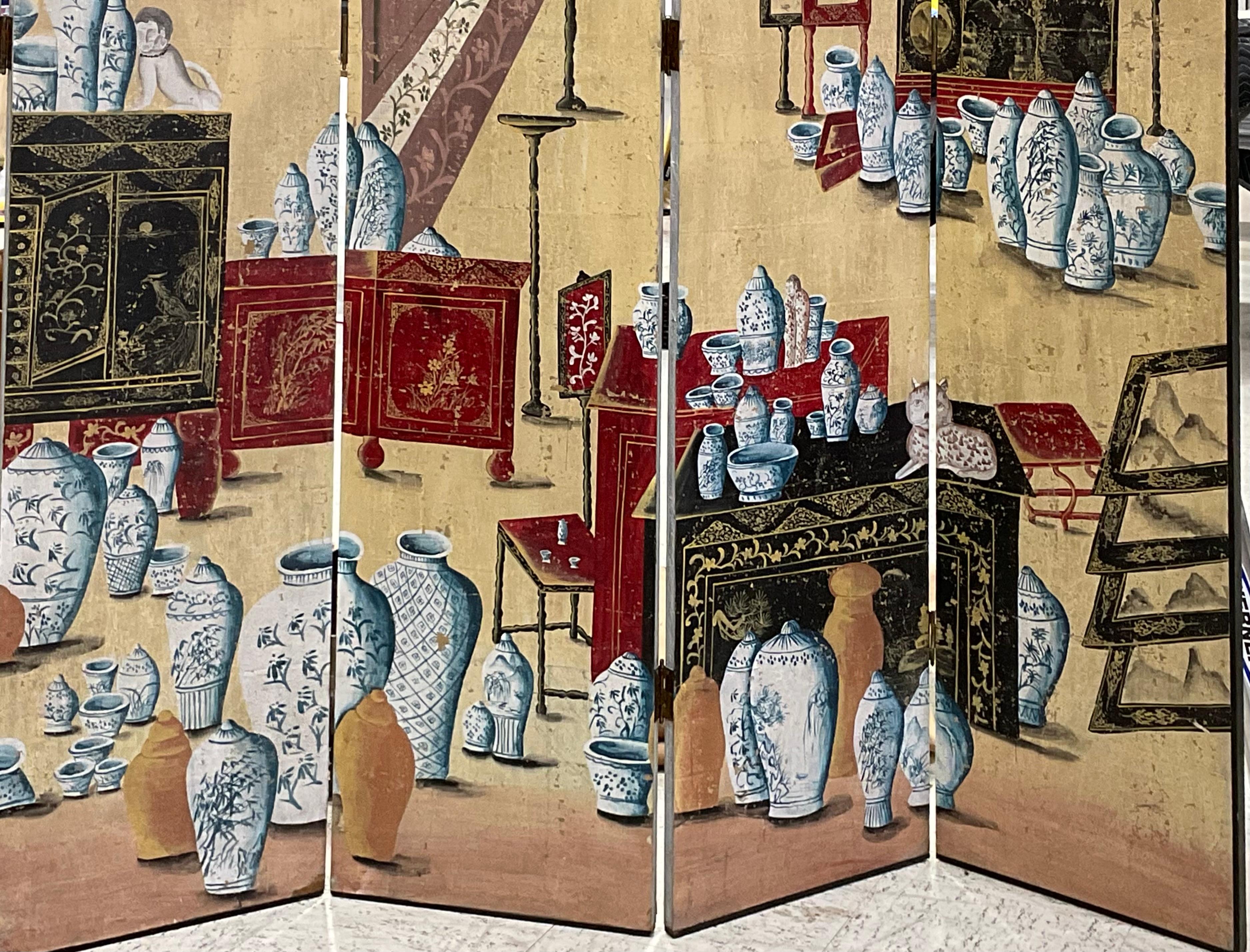 Chinese export wallpaper six panel screen, each panel depicting Chinese decor. Screen includes blue and white painted vases, urns and furnishings in colors that include blue, burgundy, mauve, gold and black against a champagne background. Each panel