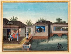 Chinesischer Export Aquarell gerahmt