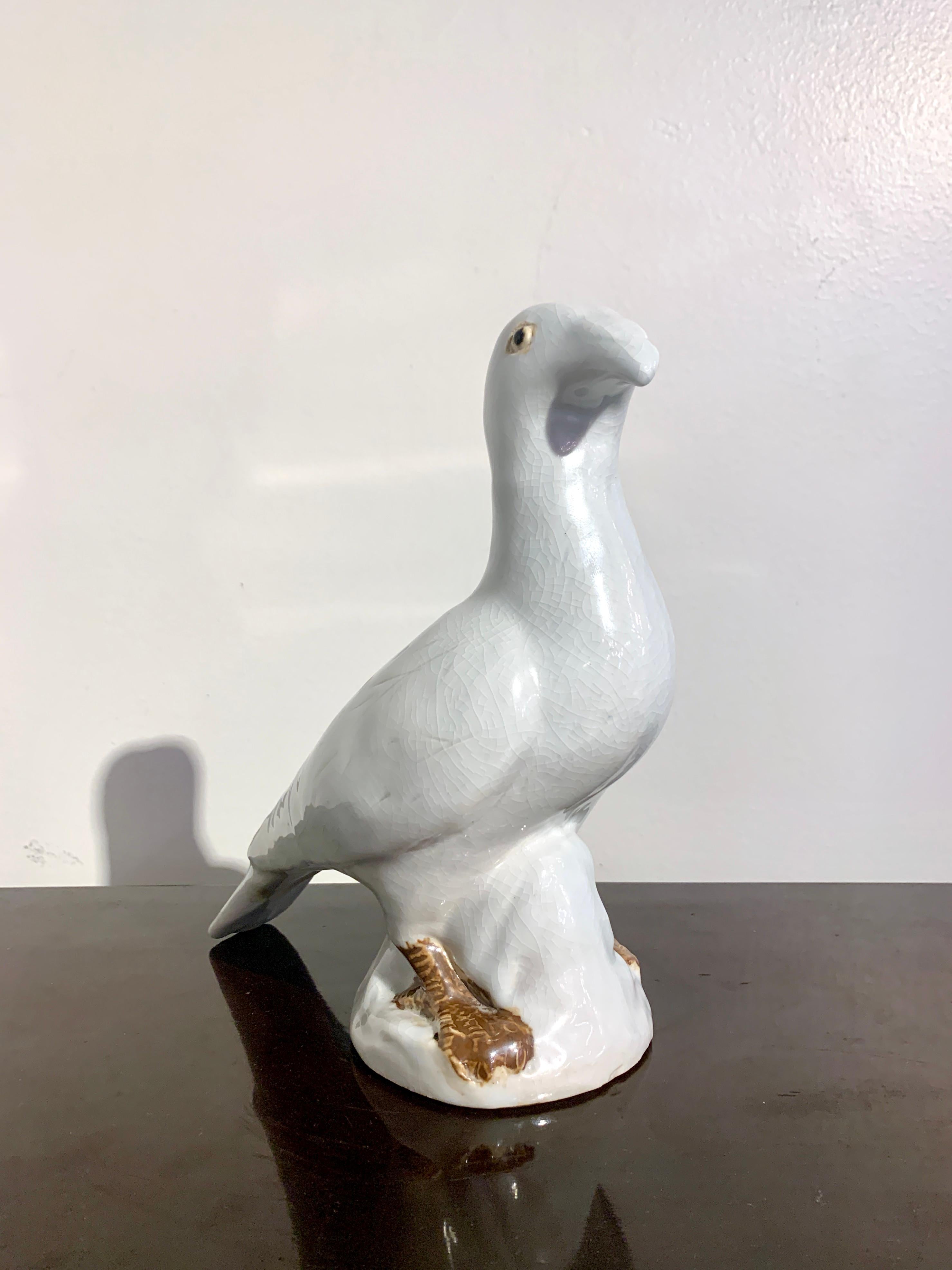 A charming Chinese export white glazed porcelain model of a dove or pigeon, Republic Period, early to mid 20th century, China.

The noble bird is portrayed perched upon a rocky outcrop, wings folded against the body, head held high and alert.