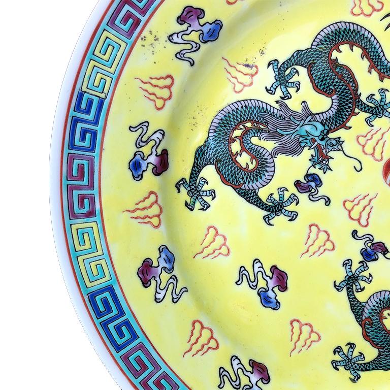 Chinese Export Yellow Famille Rose Ceramic Plate with Dragons and Flaming Pearl 1