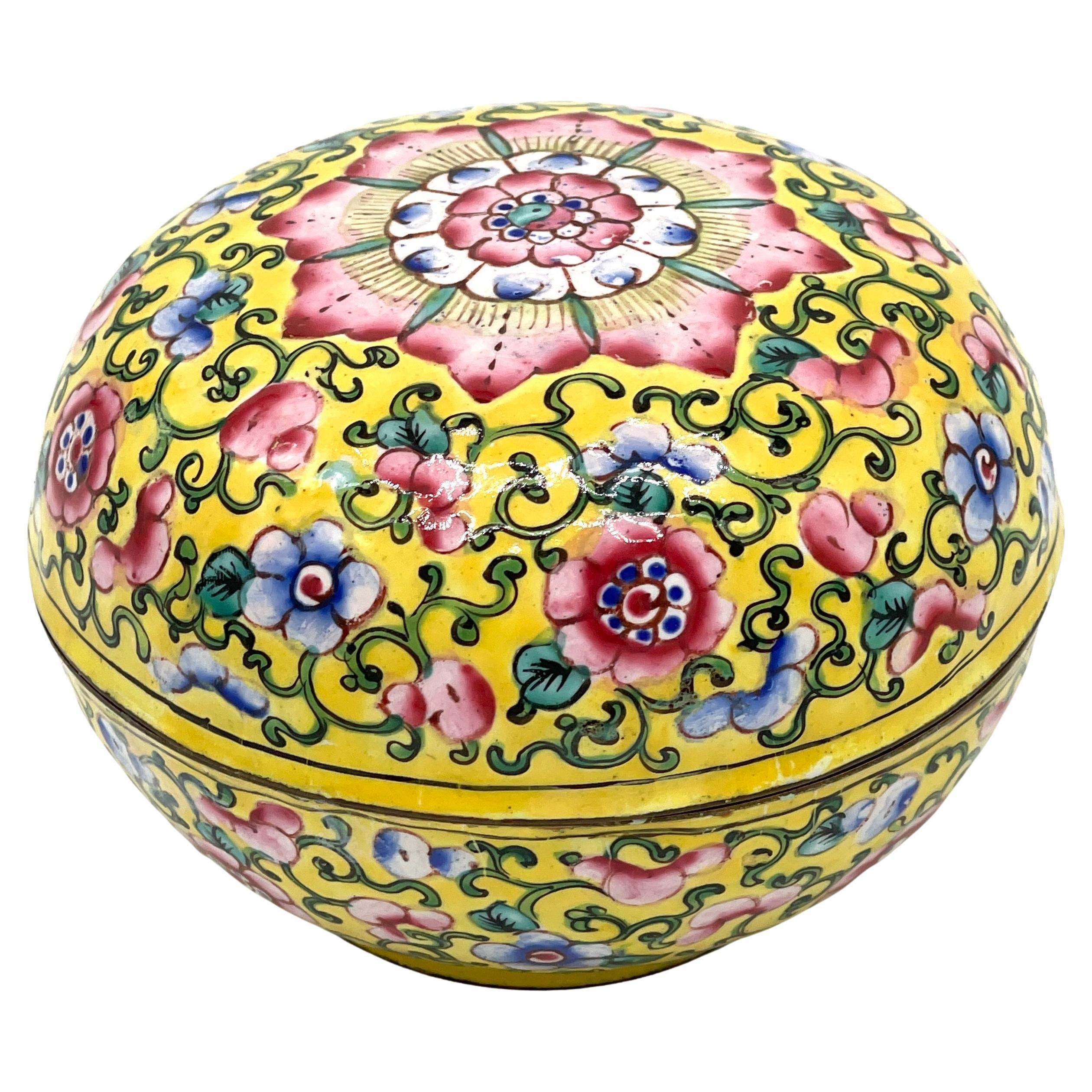 Chinese Export Yellow Floral Beijing Enamel Round Box 
