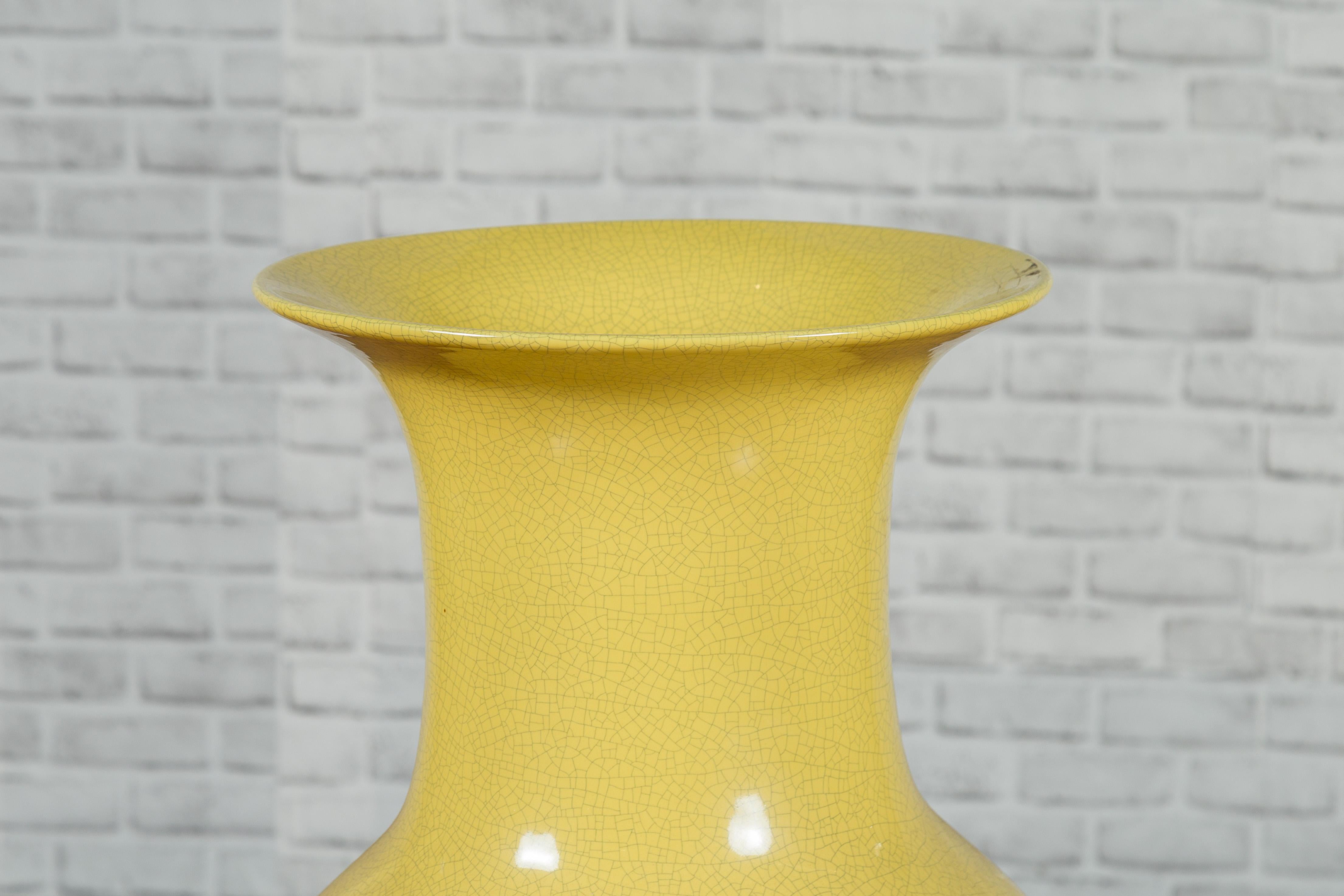 Chinese Extra Large Vintage Vase with Yellow Crackled Finish and Flaring Mouth In Good Condition In Yonkers, NY