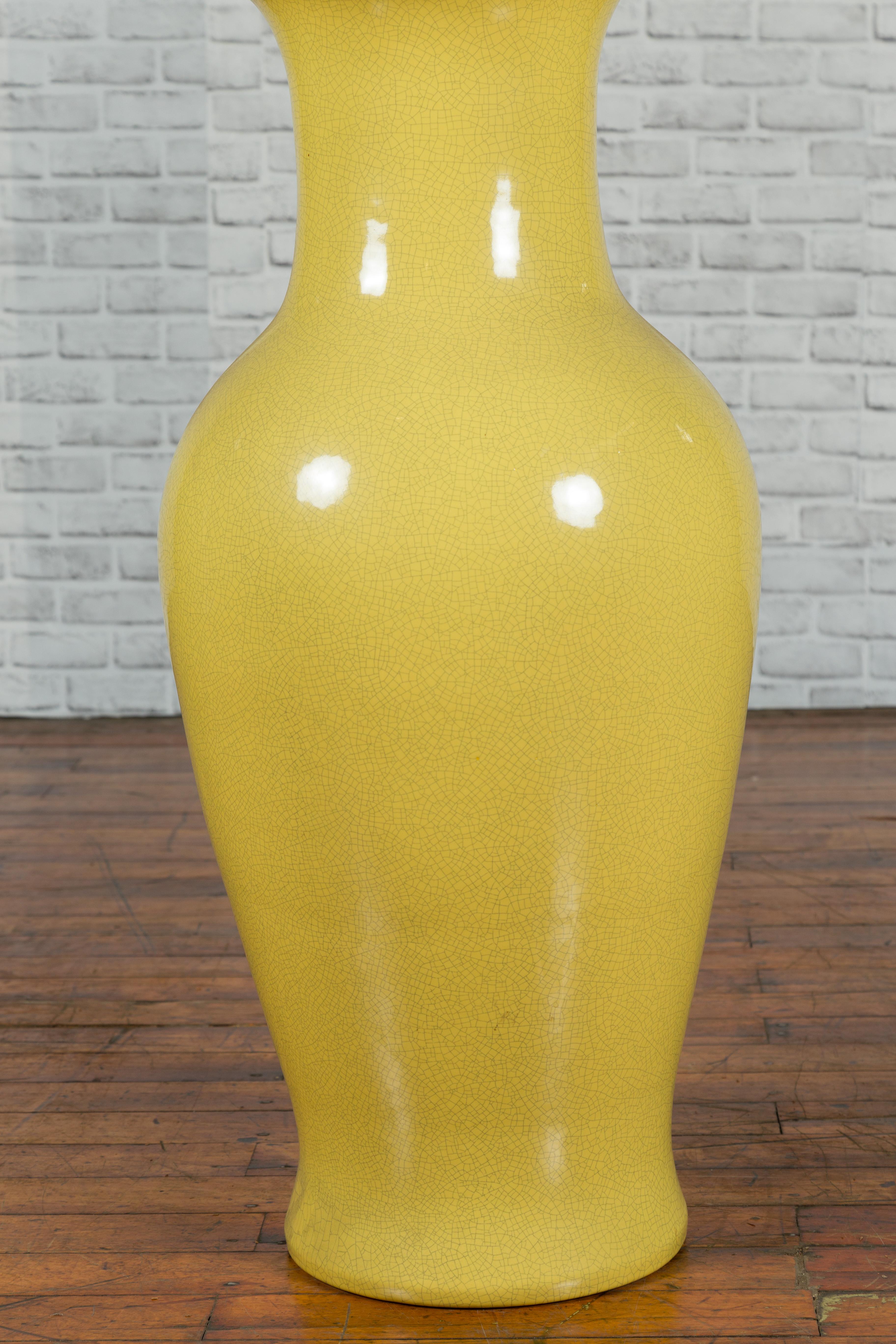 20th Century Chinese Extra Large Vintage Vase with Yellow Crackled Finish and Flaring Mouth