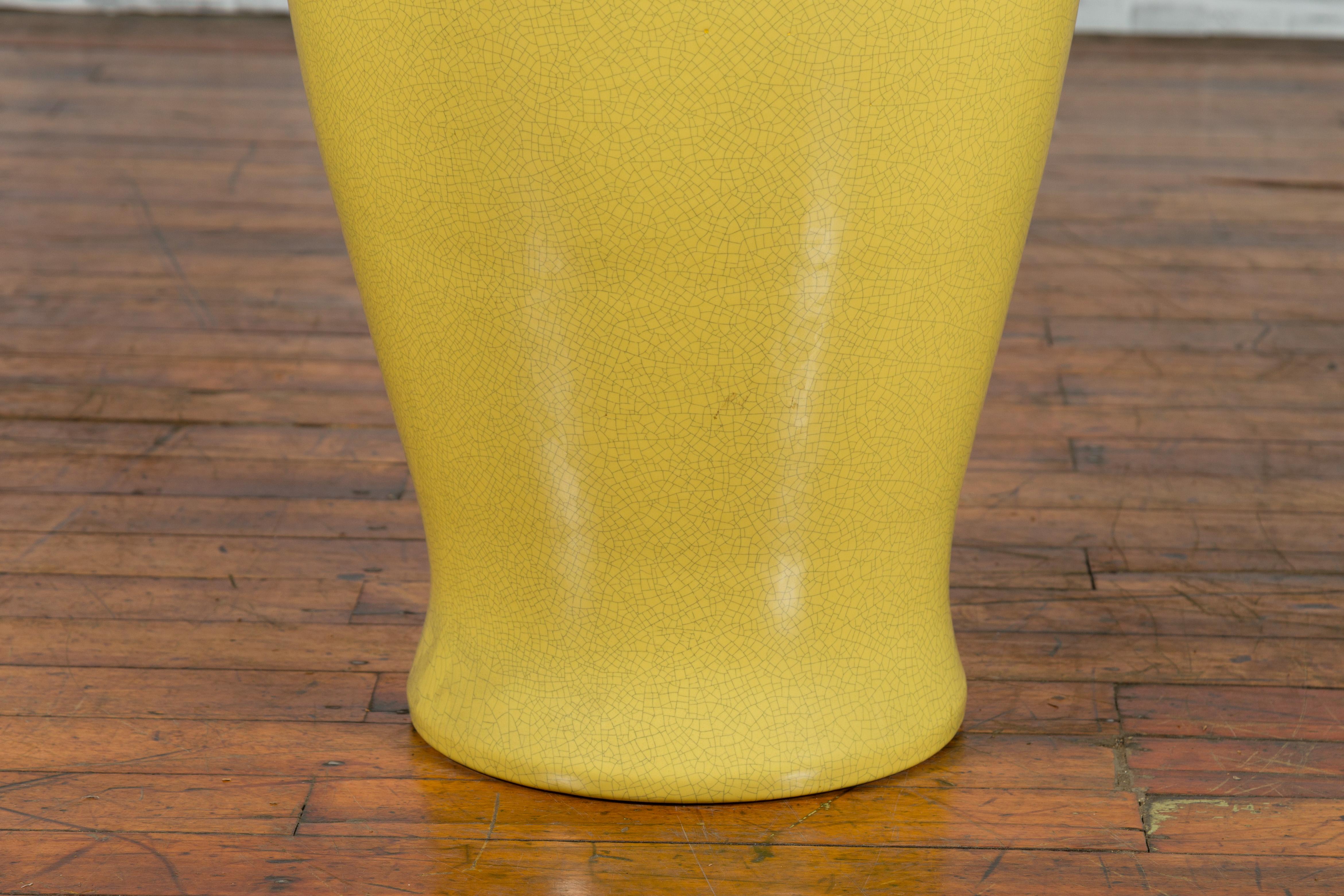 Ceramic Chinese Extra Large Vintage Vase with Yellow Crackled Finish and Flaring Mouth