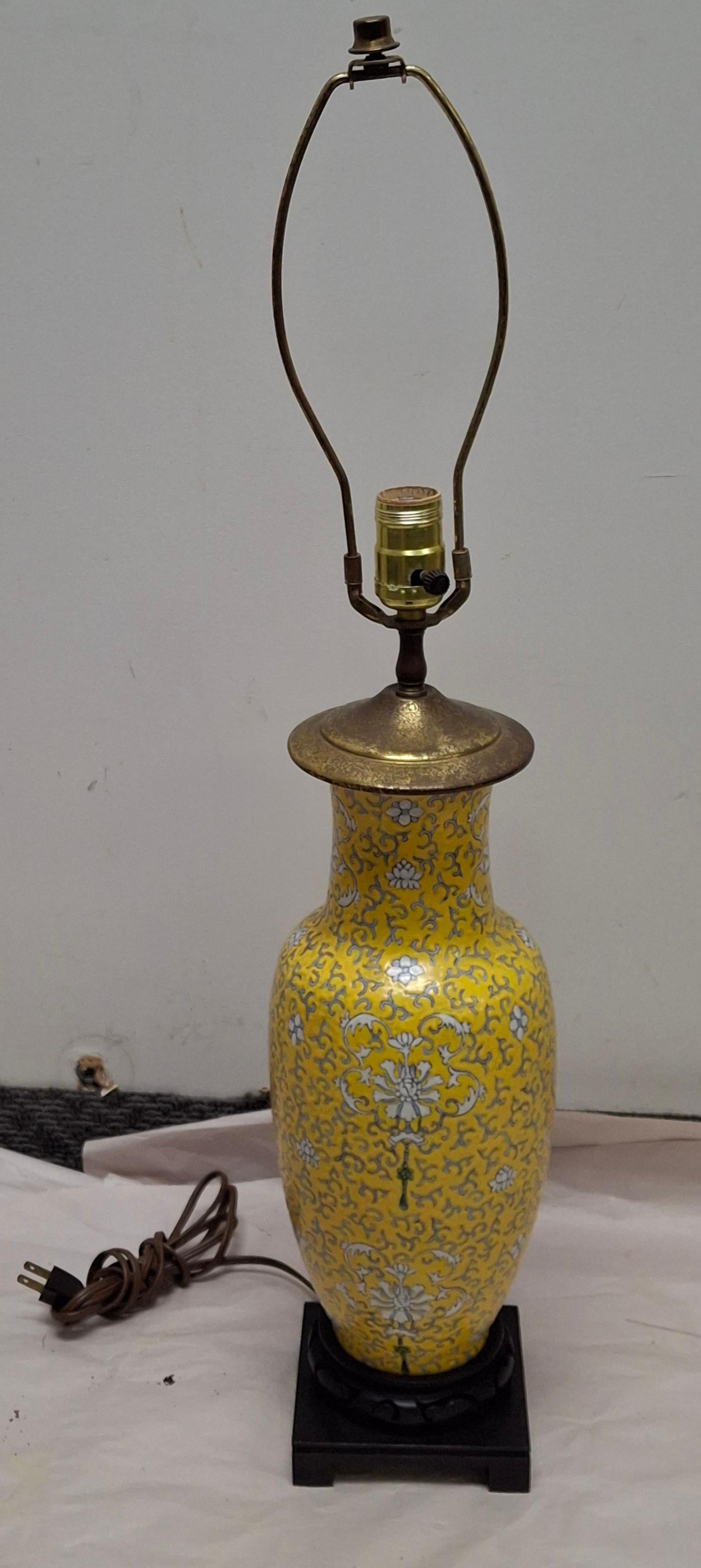 A Chinese Famille Jaune Enameled Porcelain Vase Mounted as Lamp.
Measures: 6