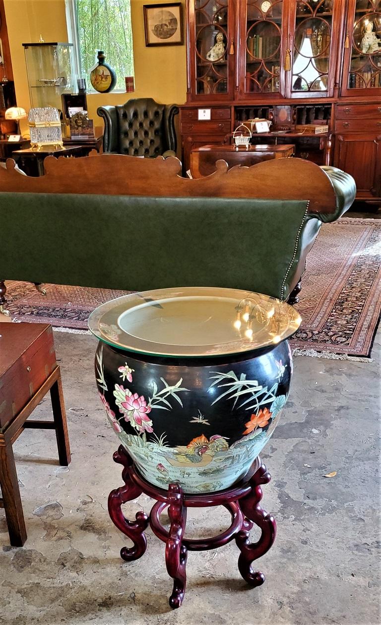 Chinese Famille Noir Fish Bowl Side Table with Stand 4